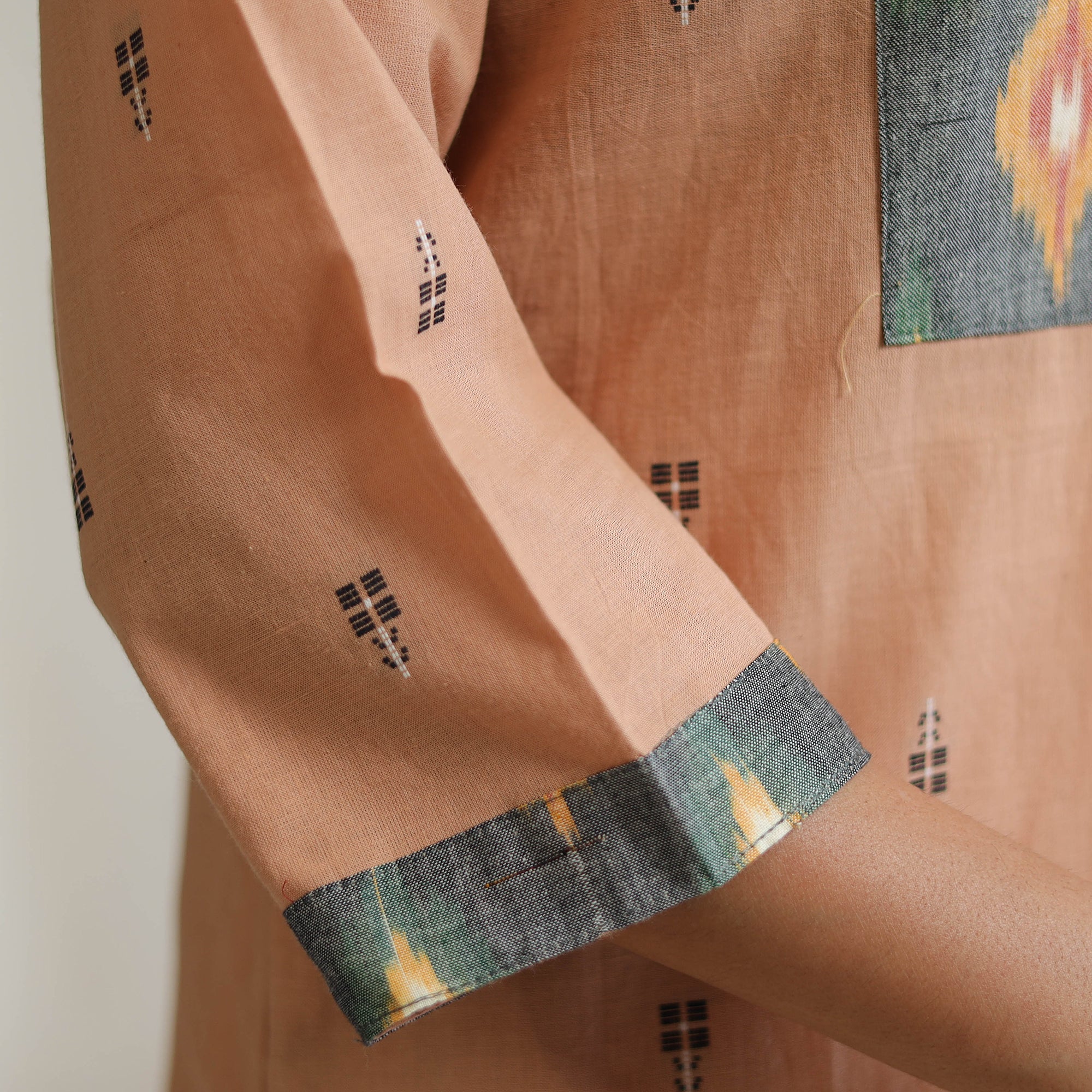 Light Peach - Jacquard Weave Cotton Straight Kurta with Ikat Patchwork 22 - Image 6
