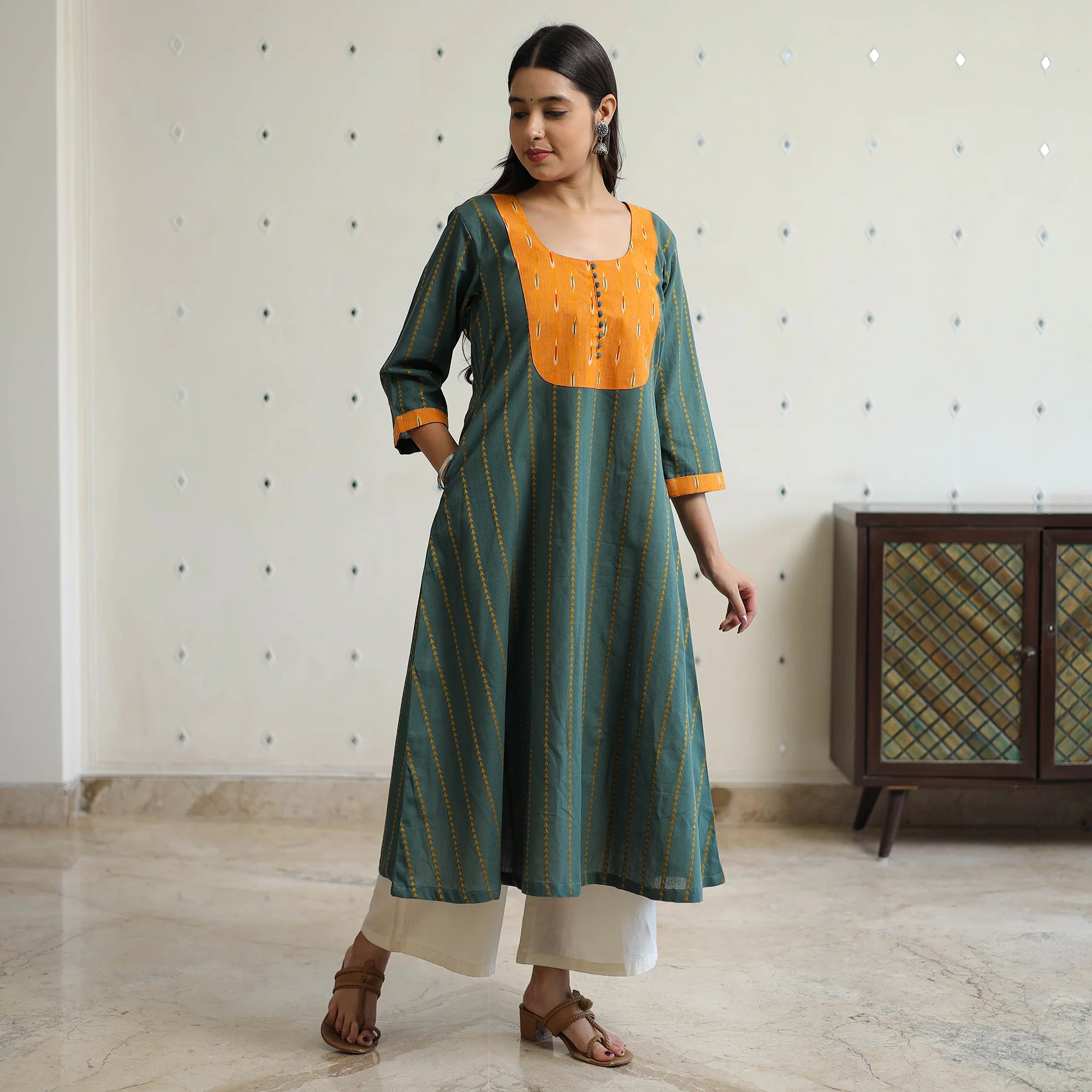 Dark Green - Jacquard Weave Cotton A-Line Kurta with Ikat Patchwork 16 - Image 2
