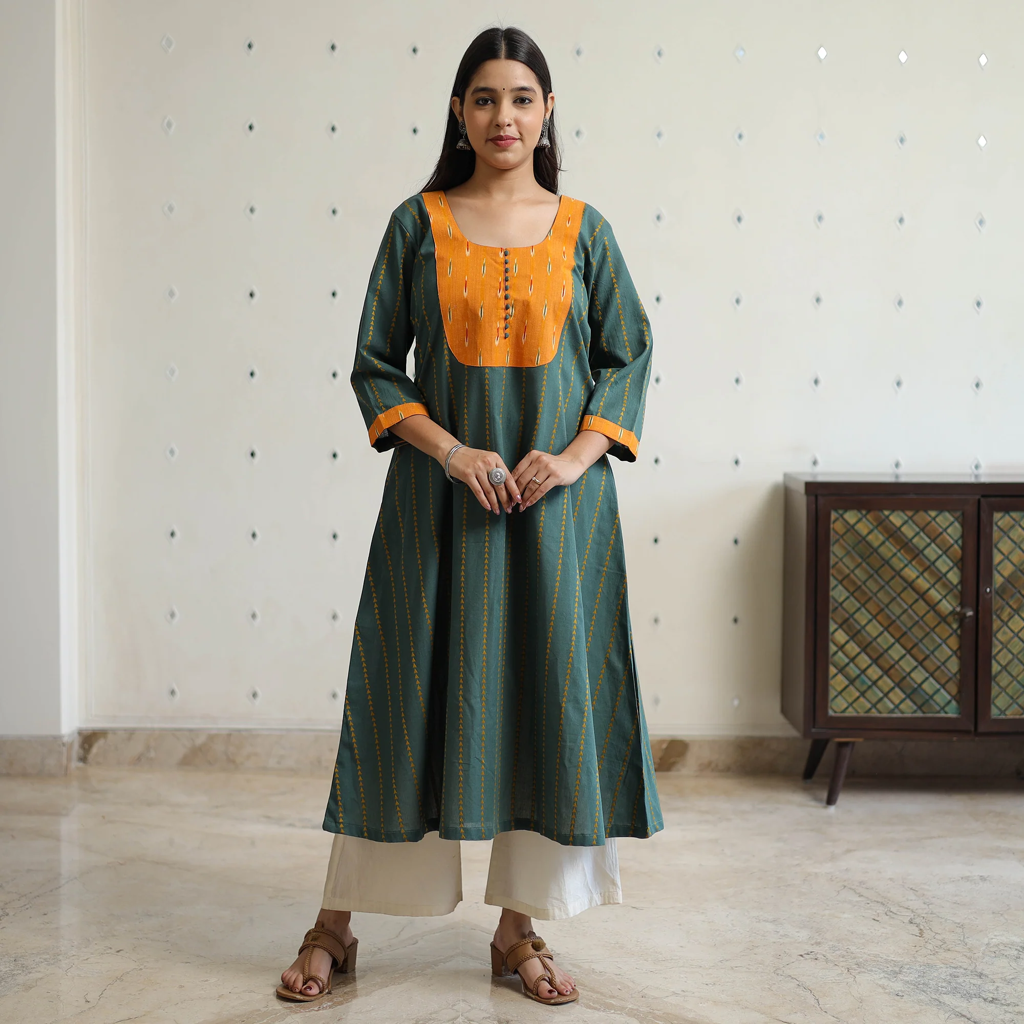 Dark Green - Jacquard Weave Cotton A-Line Kurta with Ikat Patchwork 16 - Image 3