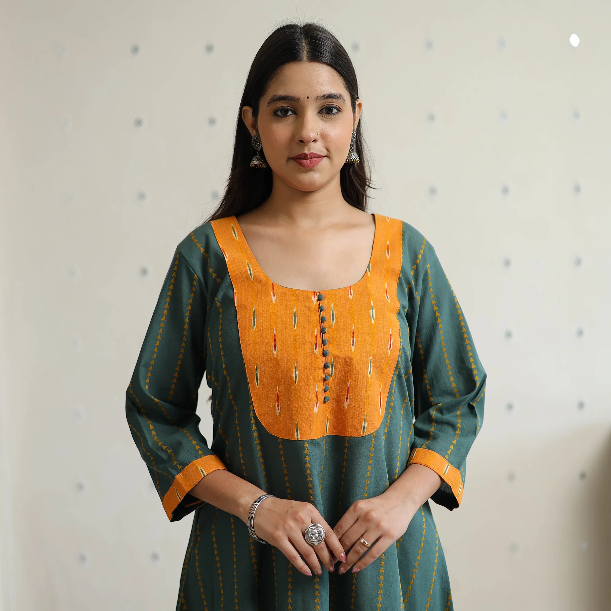 Dark Green - Jacquard Weave Cotton A-Line Kurta with Ikat Patchwork 16 - Image 4