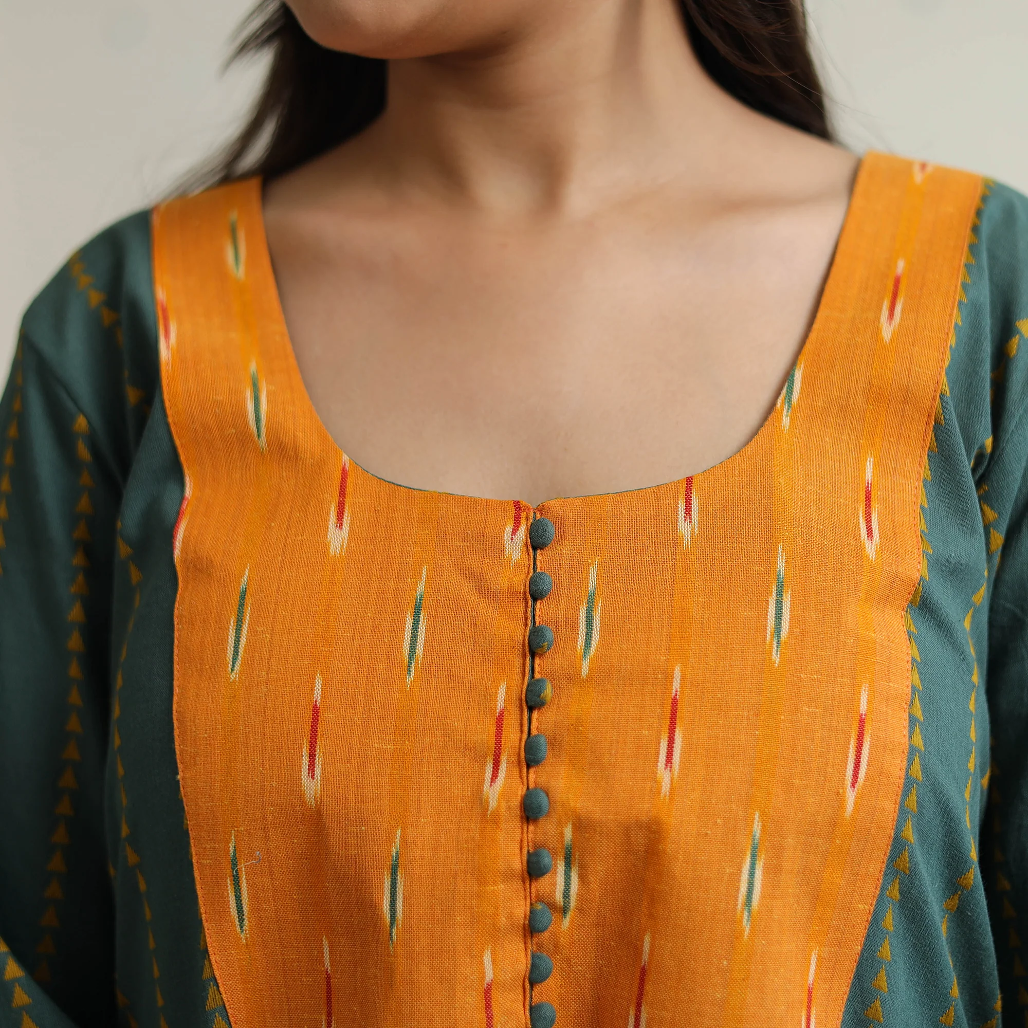 Dark Green - Jacquard Weave Cotton A-Line Kurta with Ikat Patchwork 16 - Image 5