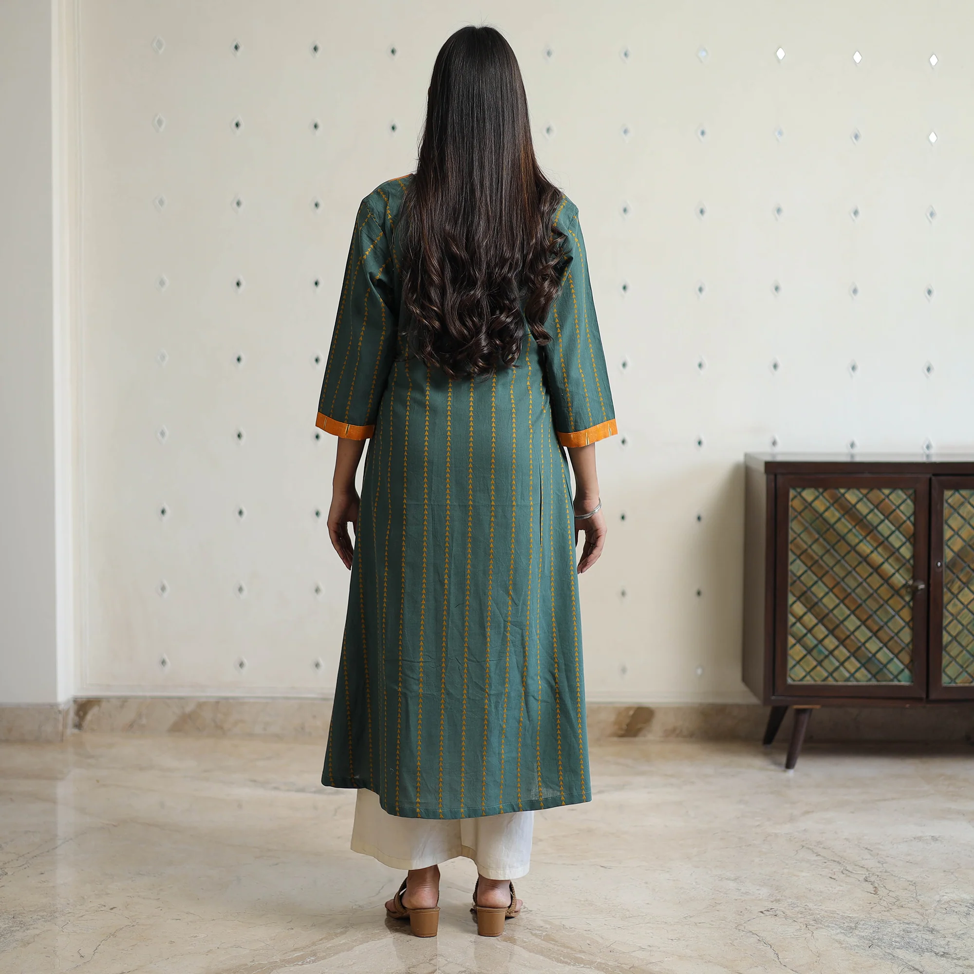 Dark Green - Jacquard Weave Cotton A-Line Kurta with Ikat Patchwork 16 - Image 7