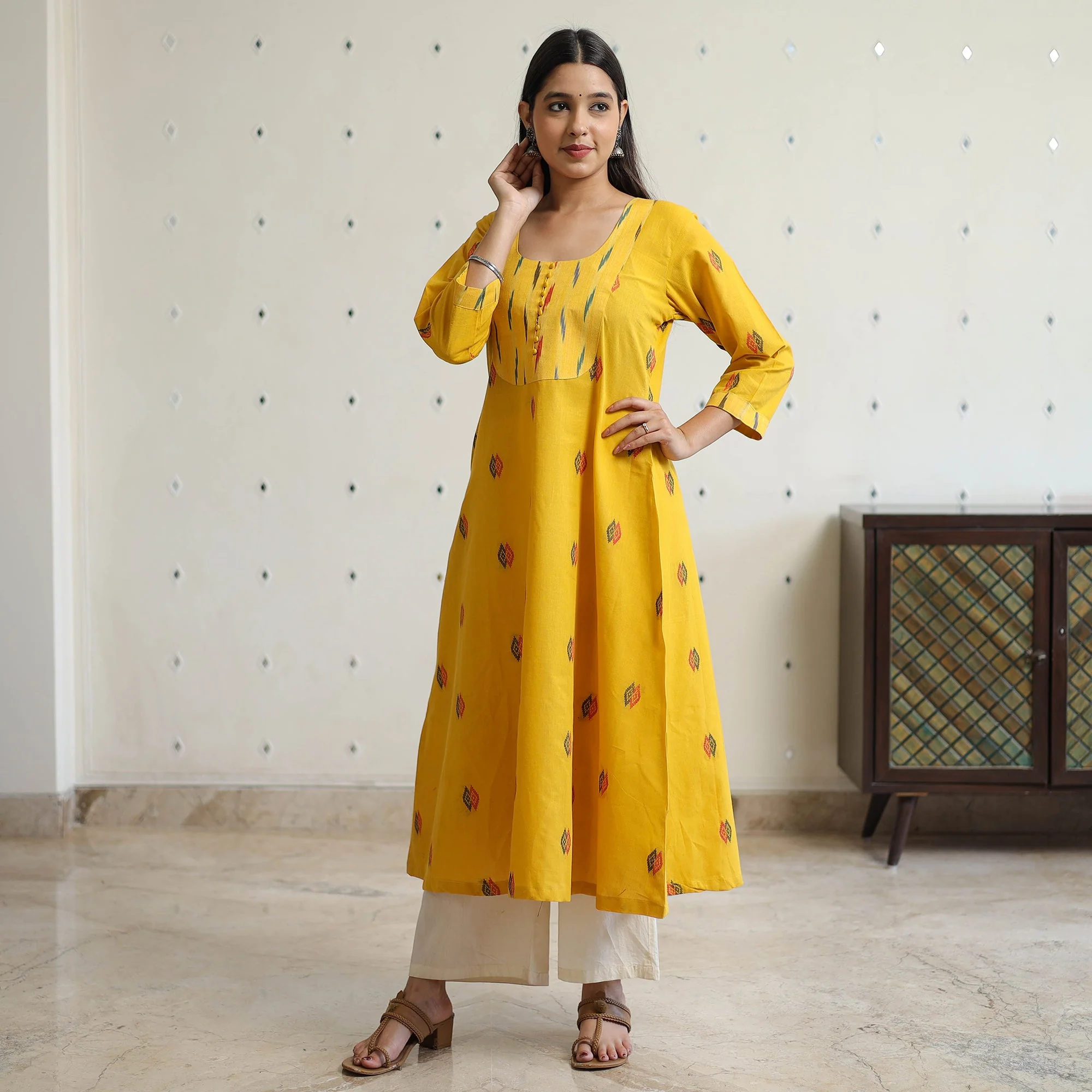 Yellow - Jacquard Weave Cotton A-Line Kurta with Ikat Patchwork 17