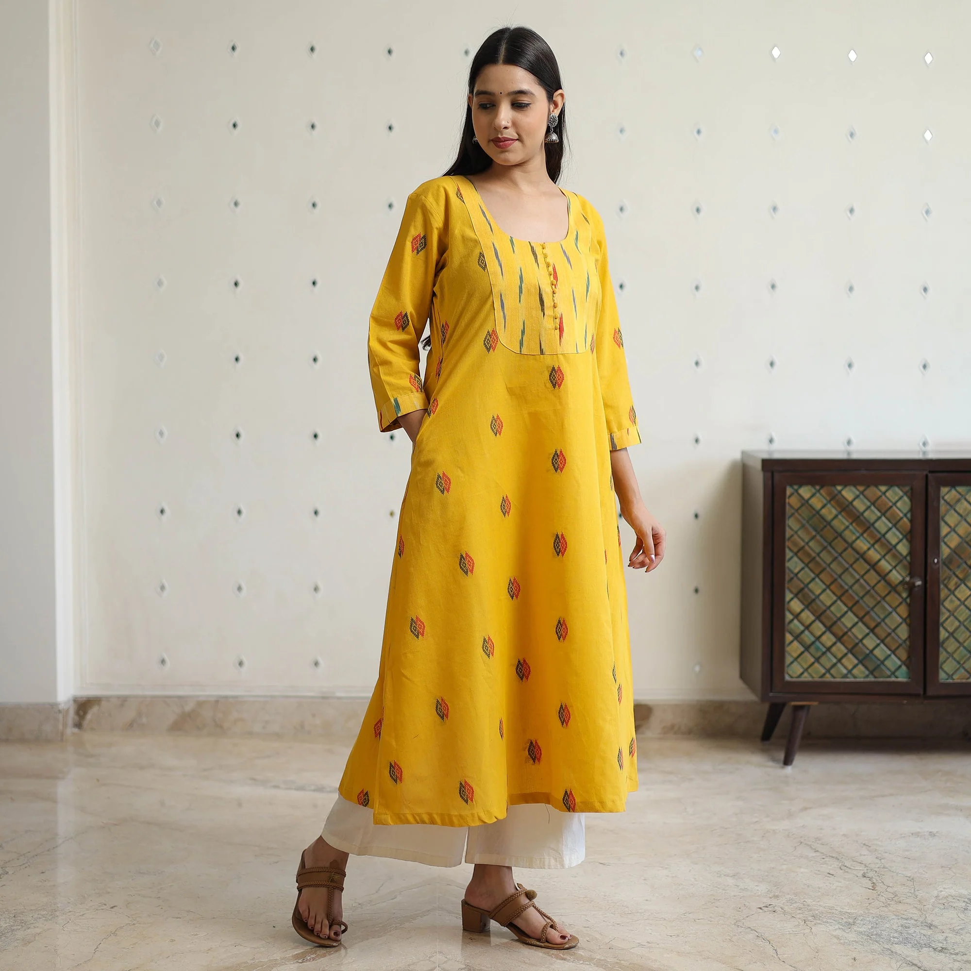 Yellow - Jacquard Weave Cotton A-Line Kurta with Ikat Patchwork 17 - Image 2