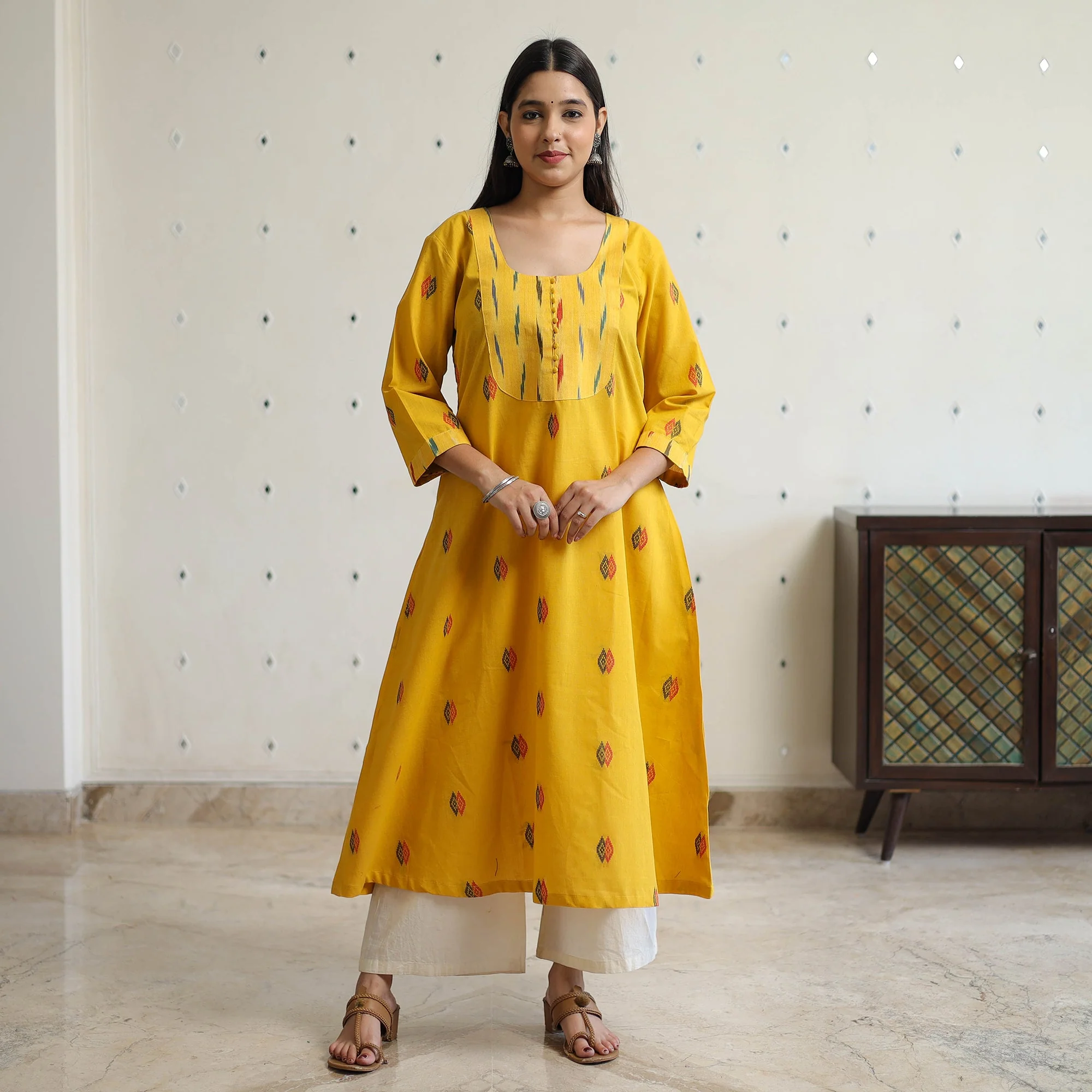 Yellow - Jacquard Weave Cotton A-Line Kurta with Ikat Patchwork 17 - Image 3
