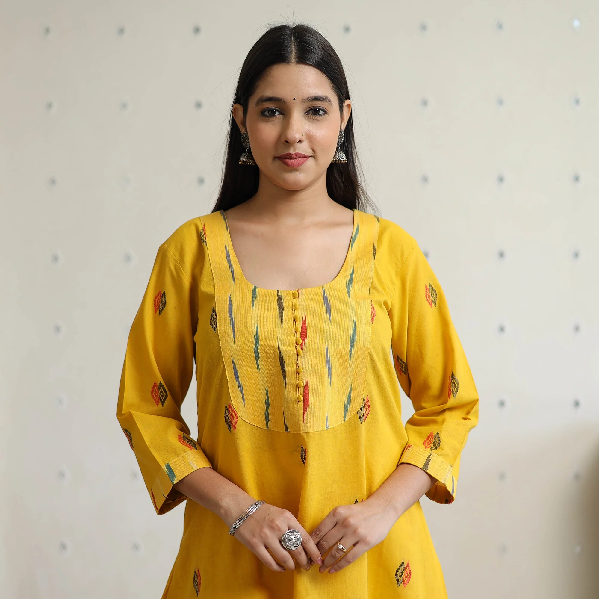 Yellow - Jacquard Weave Cotton A-Line Kurta with Ikat Patchwork 17 - Image 4