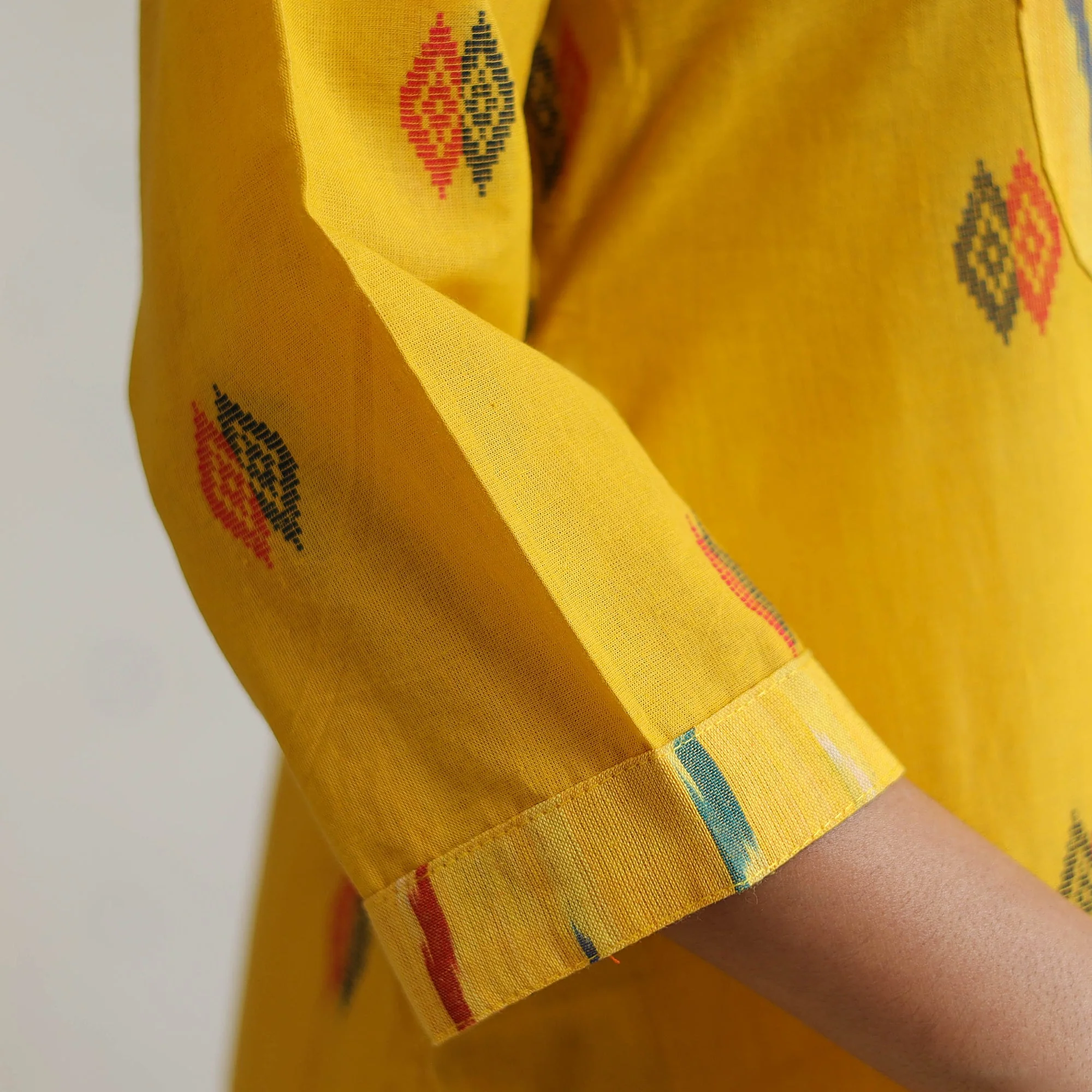 Yellow - Jacquard Weave Cotton A-Line Kurta with Ikat Patchwork 17 - Image 6