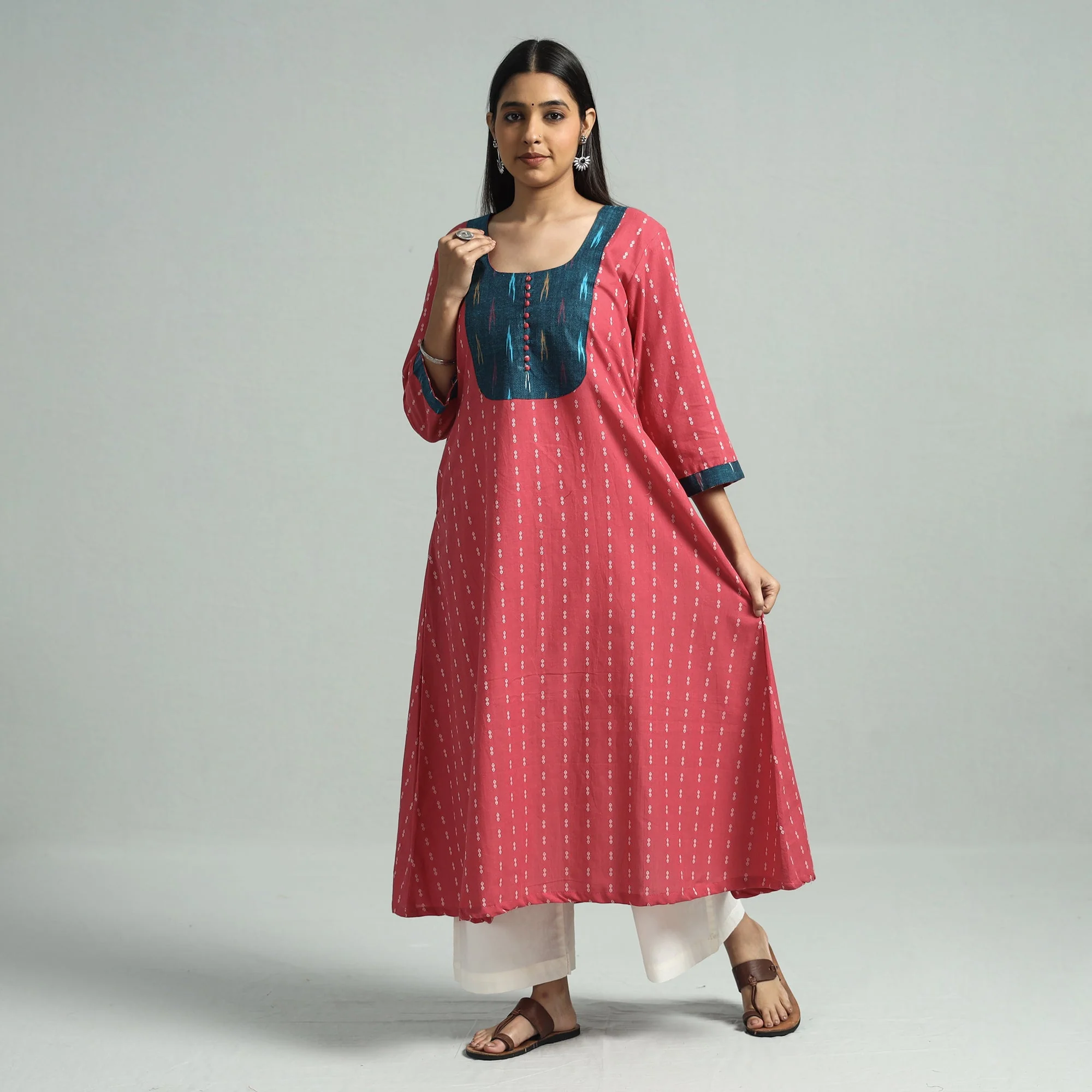 Pink - Jacquard Weave Cotton A-Line Kurta with Ikat Patchwork - Image 3