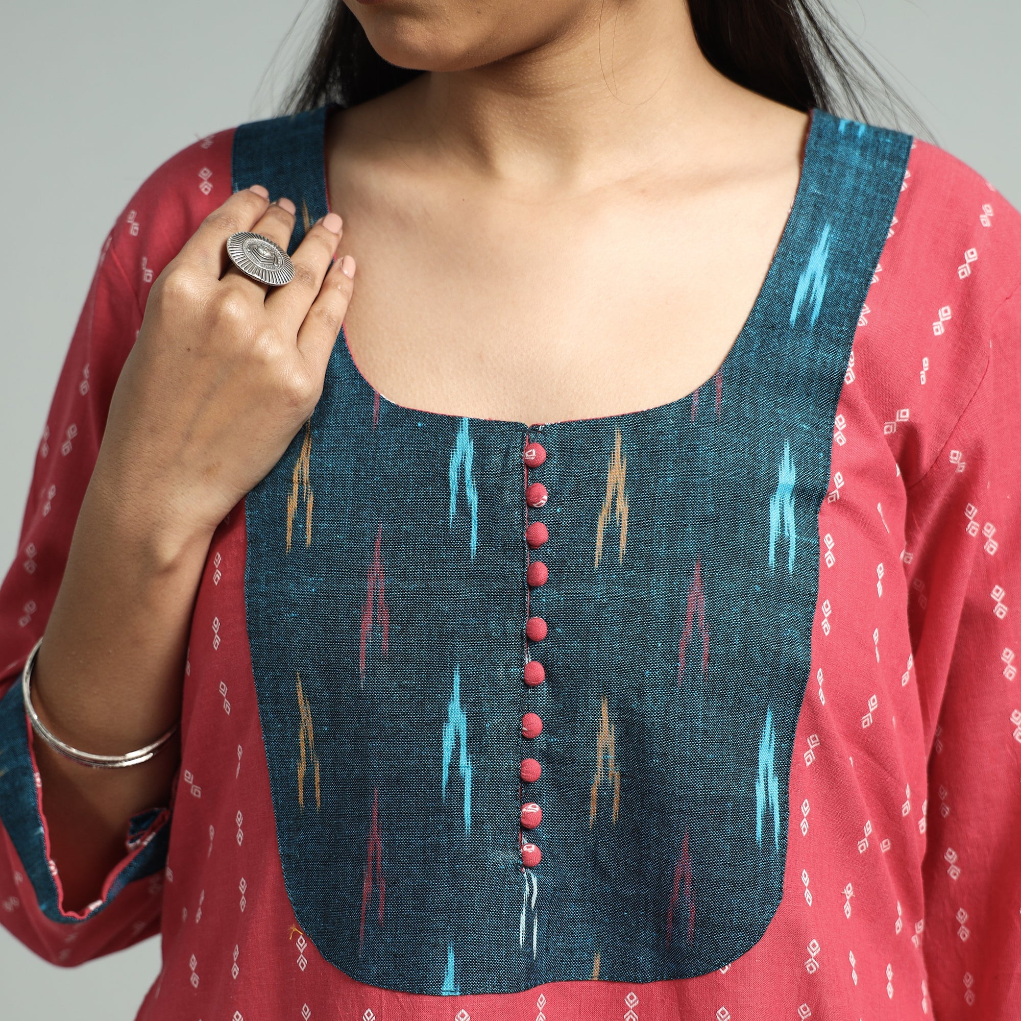 Pink - Jacquard Weave Cotton A-Line Kurta with Ikat Patchwork - Image 4
