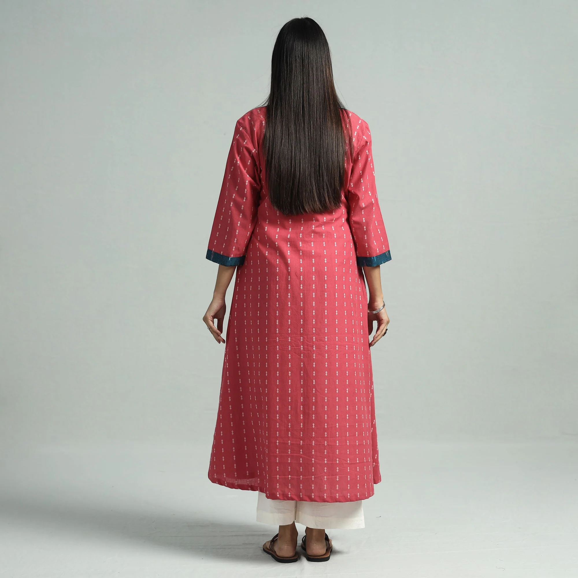 Pink - Jacquard Weave Cotton A-Line Kurta with Ikat Patchwork - Image 6