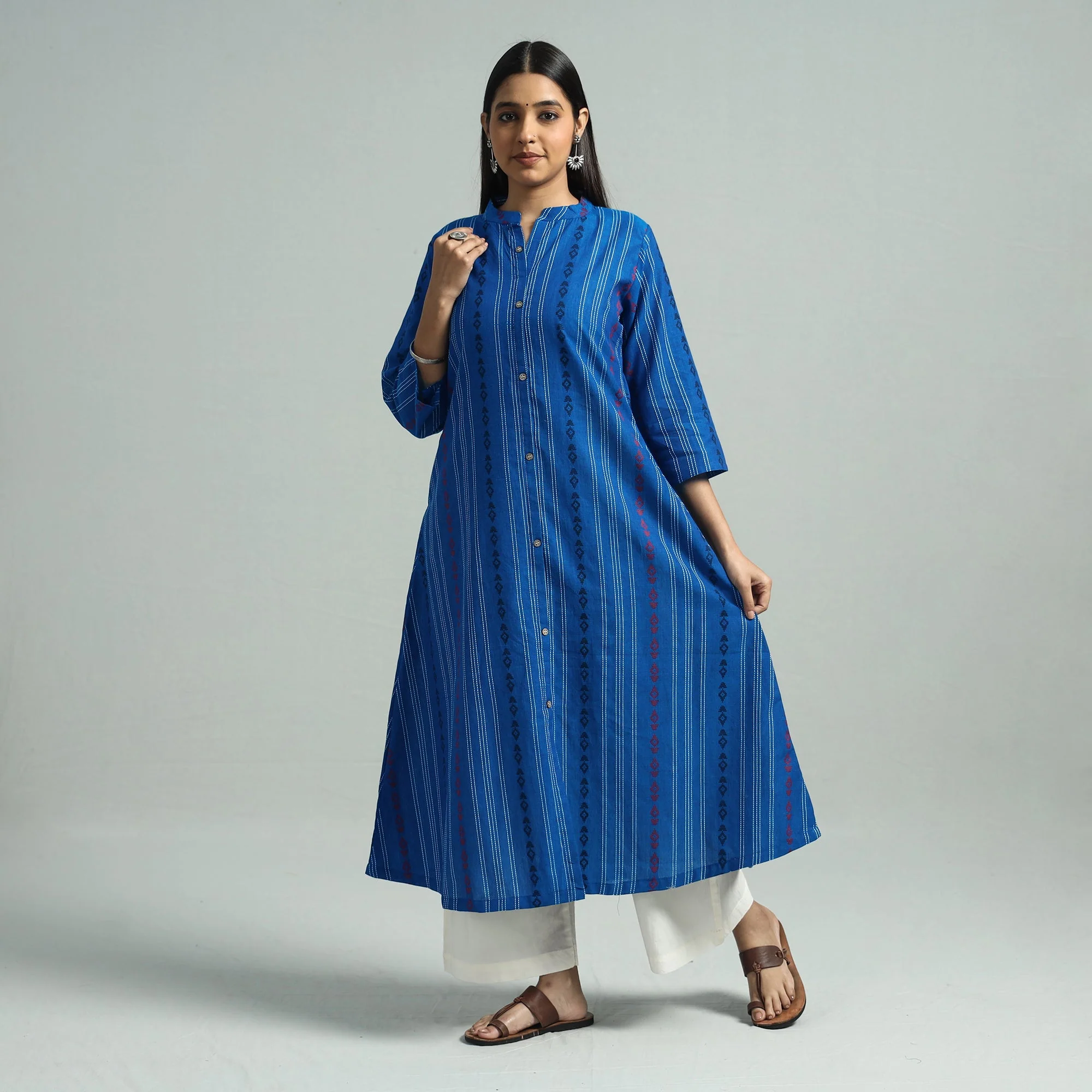 Blue - Jacquard Weave Cotton A-Line Kurta - Image 3