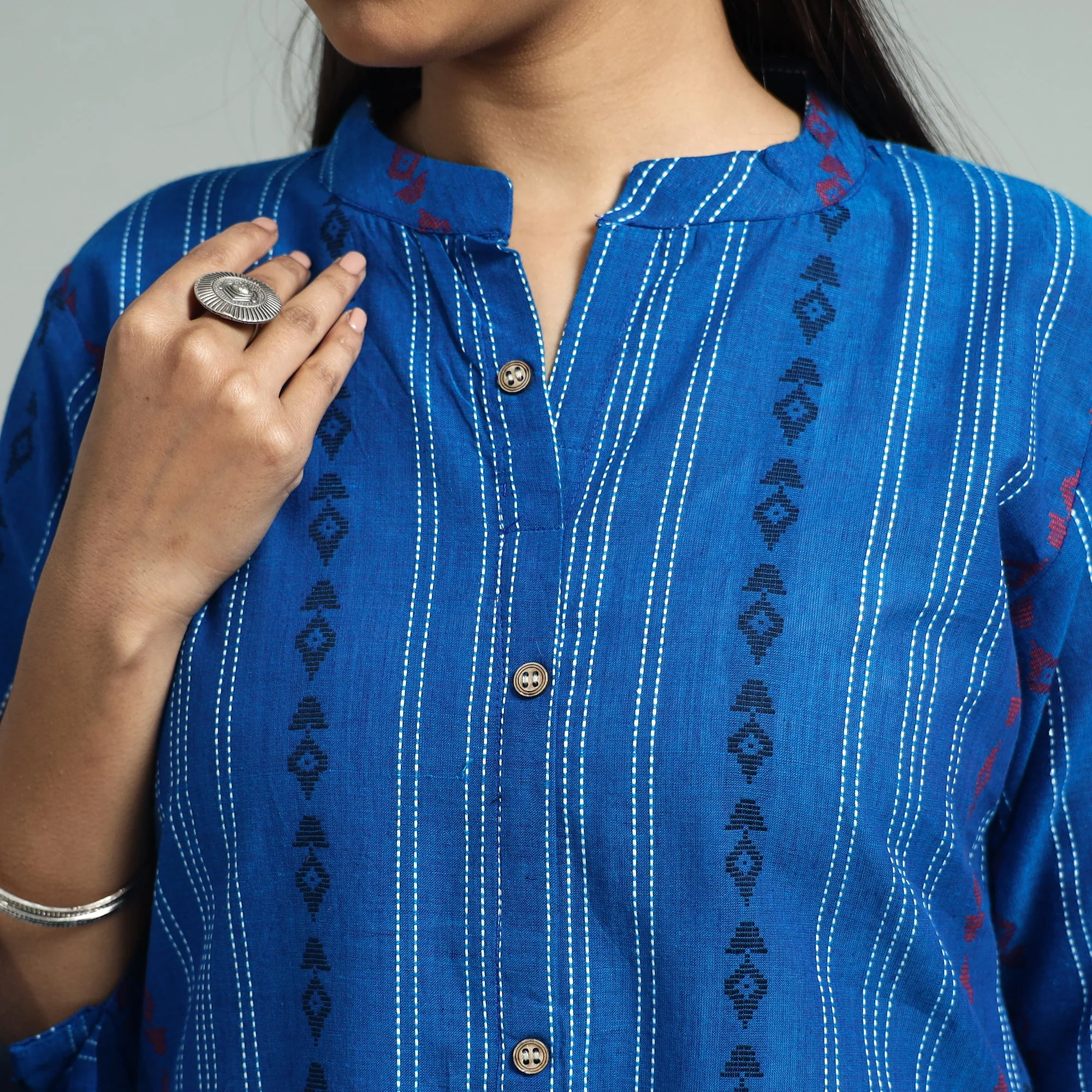 Blue - Jacquard Weave Cotton A-Line Kurta - Image 4