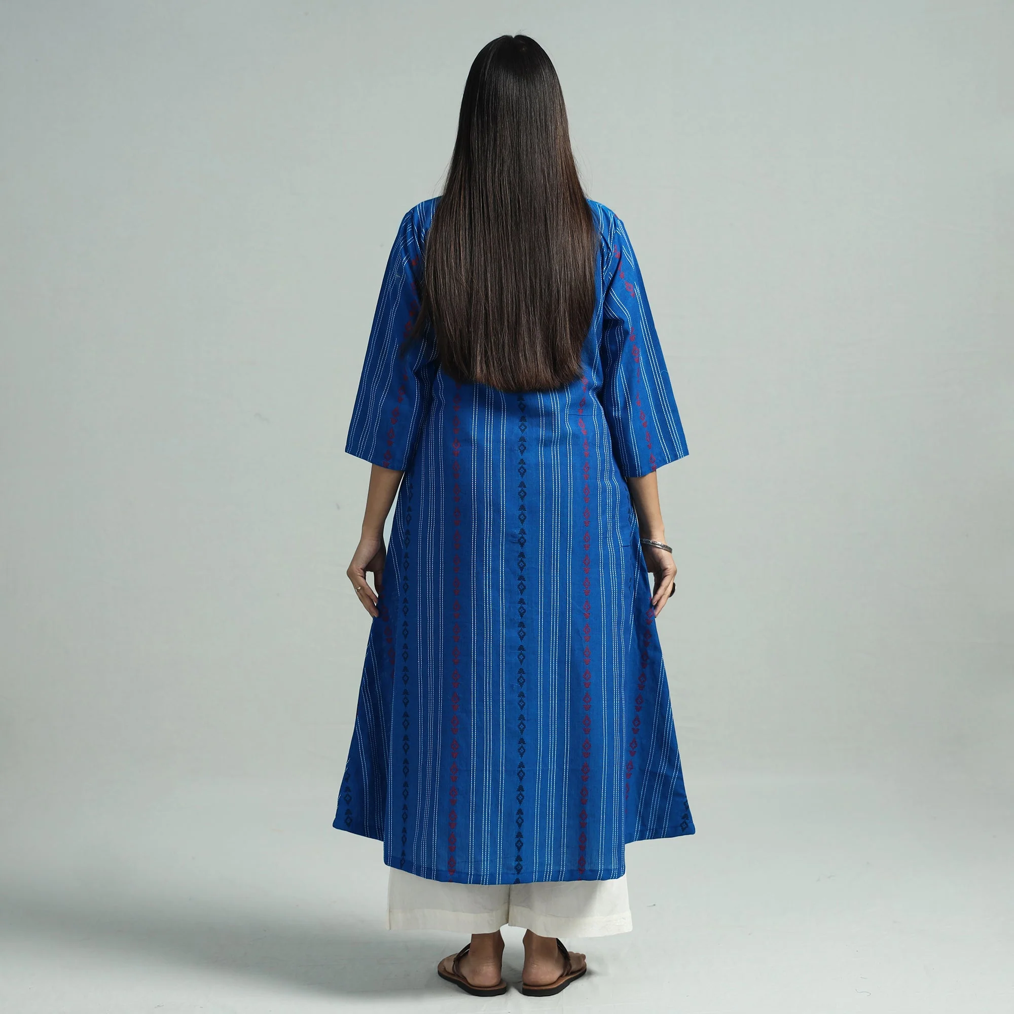Blue - Jacquard Weave Cotton A-Line Kurta - Image 6