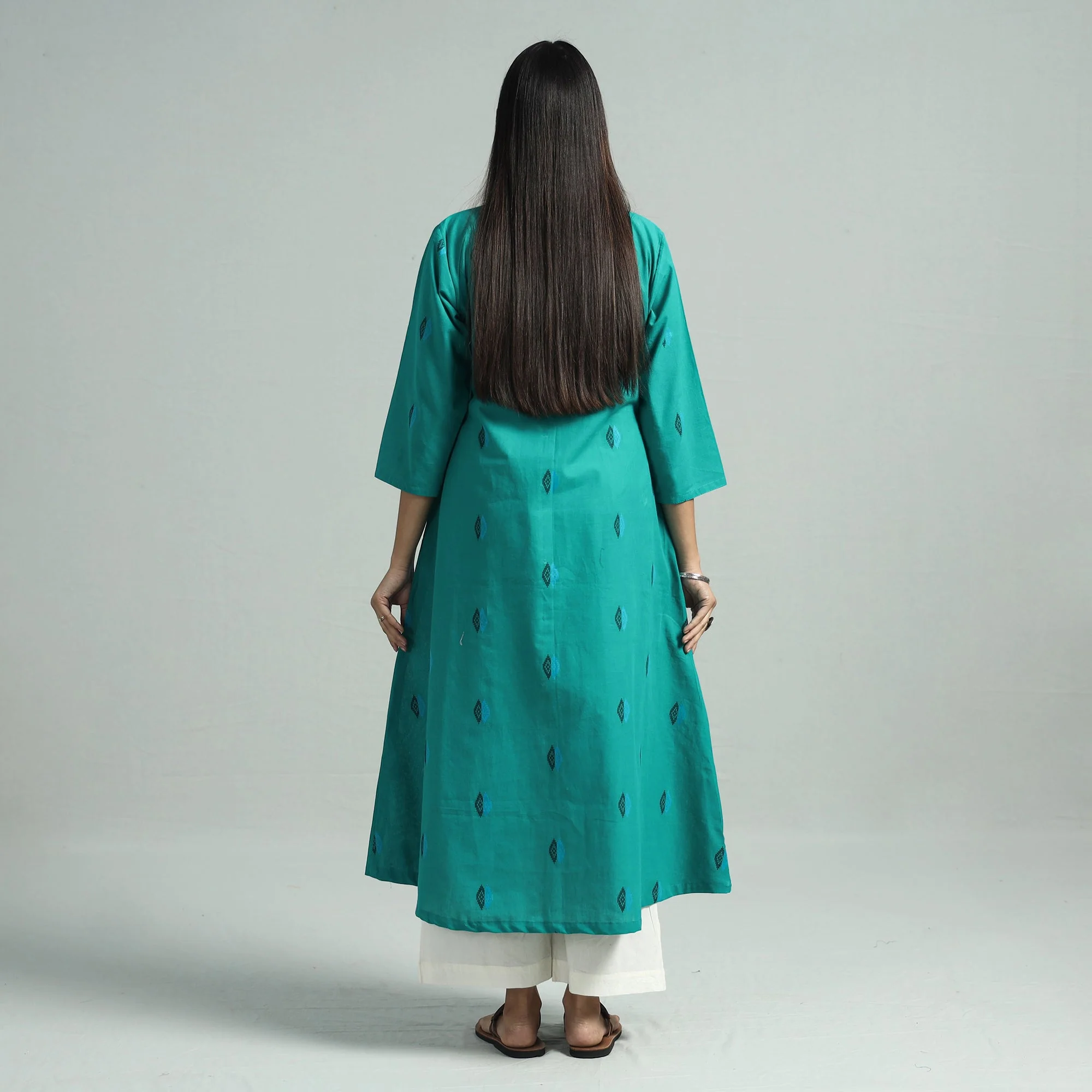 Turquoise Green - Jacquard Weave Cotton A-Line Kurta - Image 6