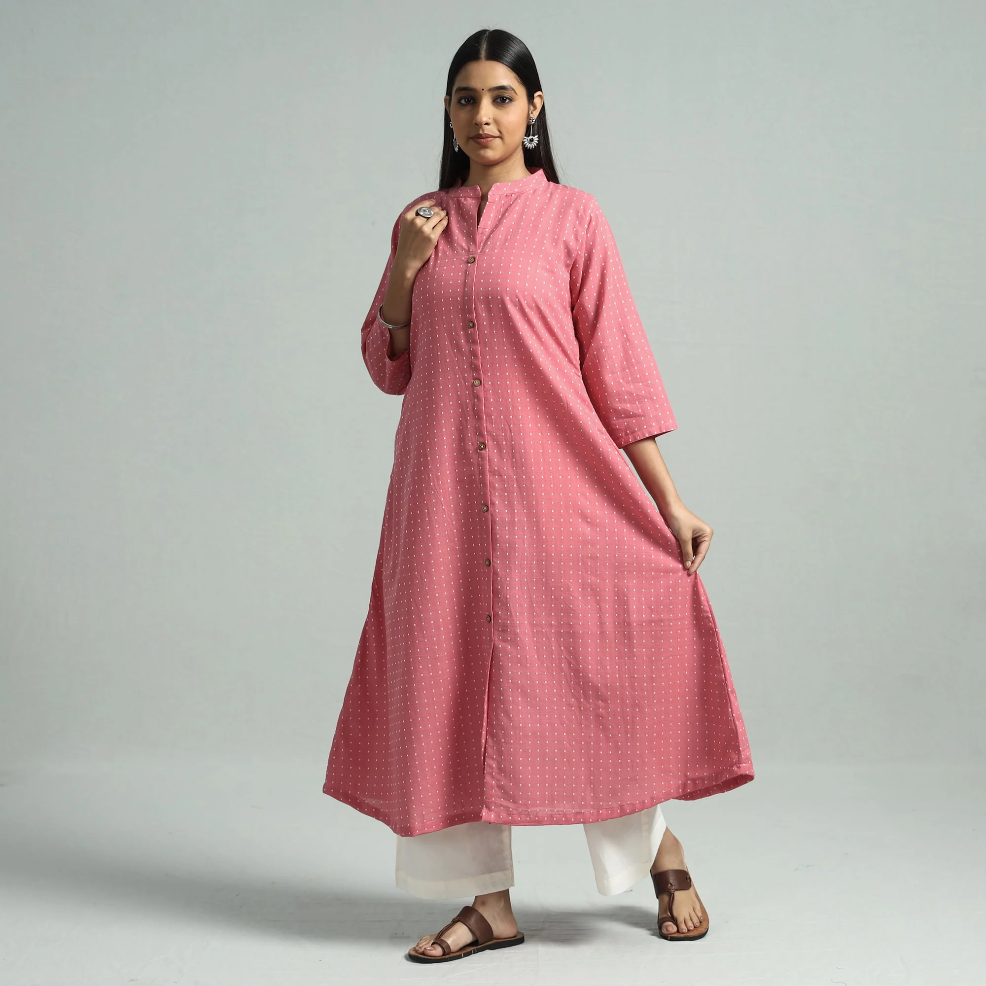 Light Pink - Jacquard Weave Cotton A-Line Kurta - Image 3