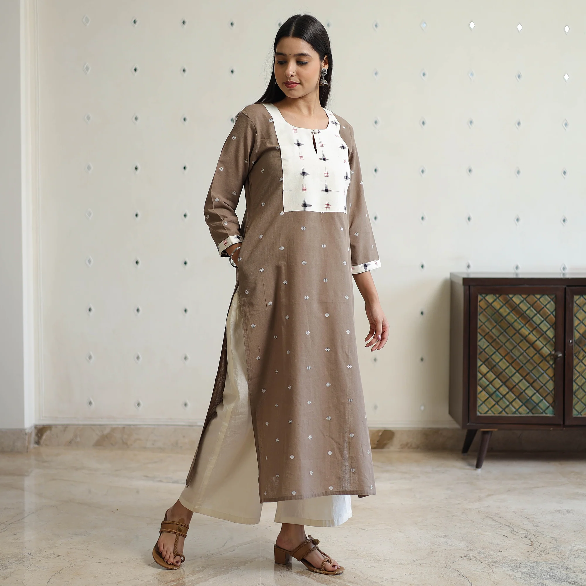 Brown - Jacquard Weave Cotton Straight Kurta with Ikat Patchwork 19 - Image 2