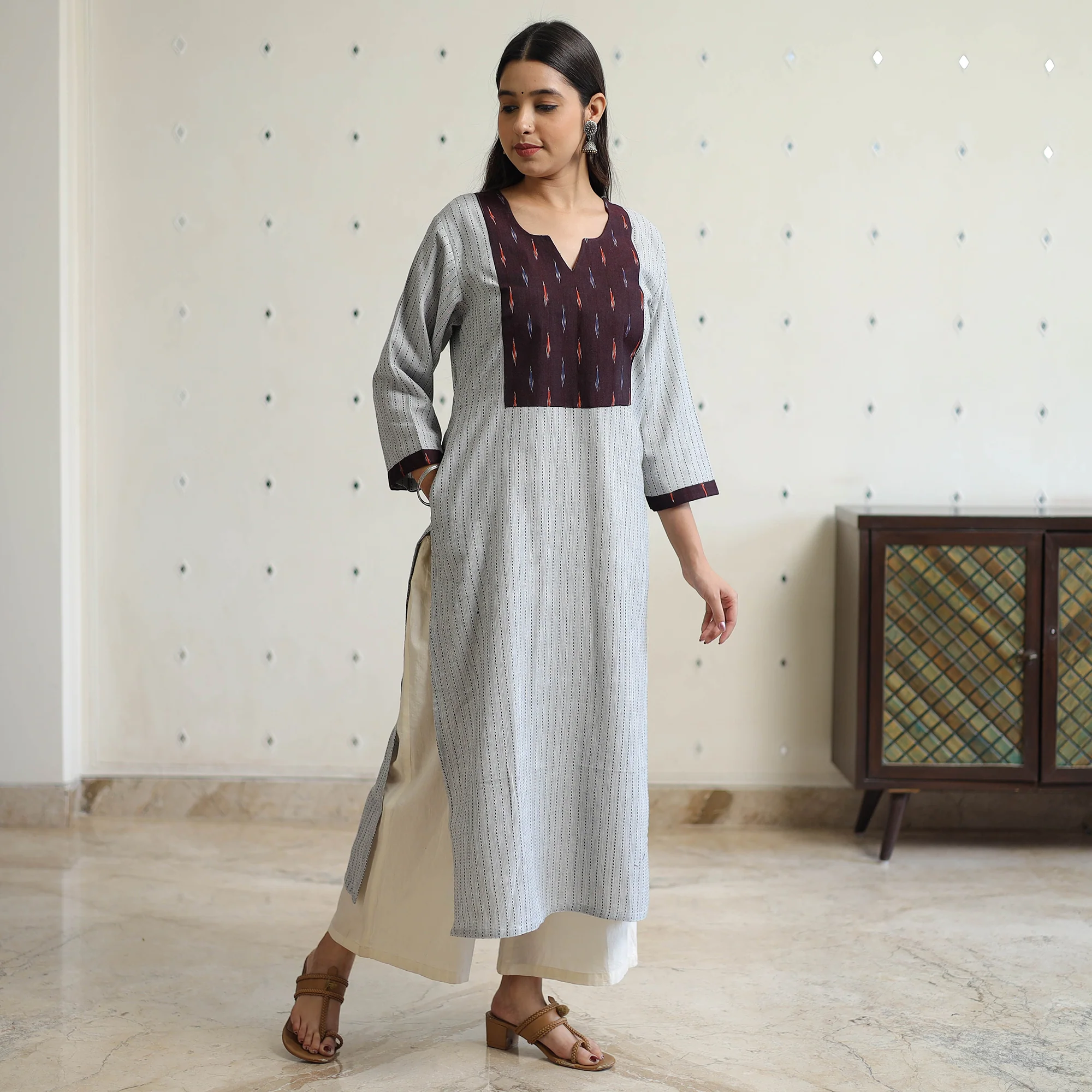 Grey - Jacquard Weave Cotton Straight Kurta with Ikat Patchwork 21 - Image 2
