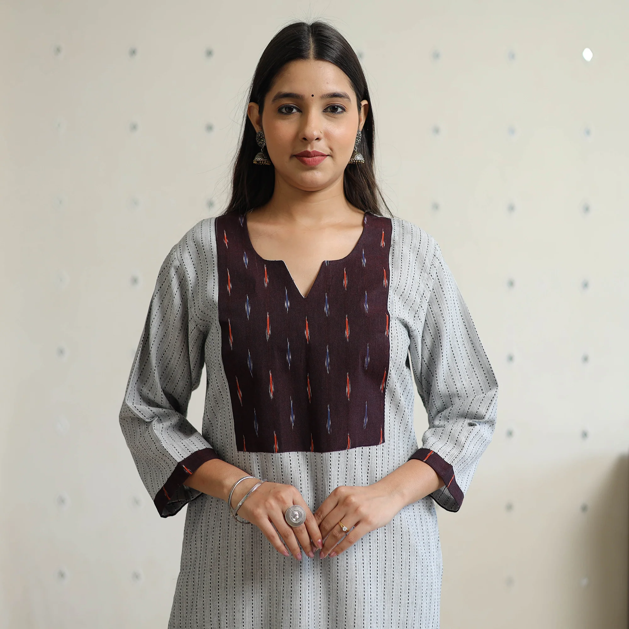 Grey - Jacquard Weave Cotton Straight Kurta with Ikat Patchwork 21 - Image 4