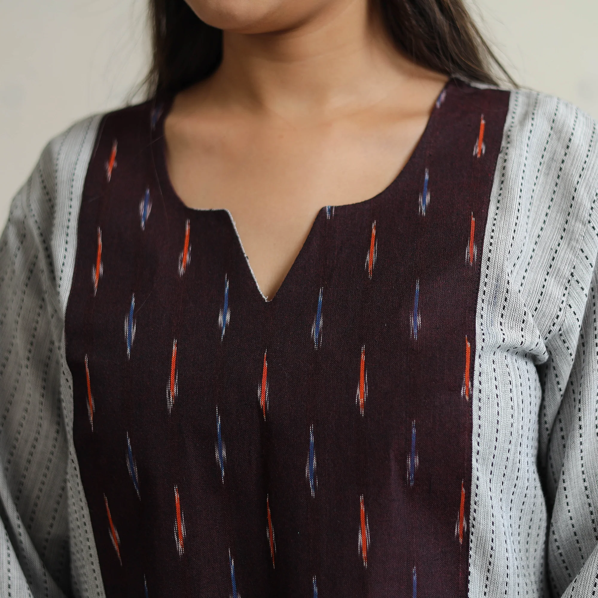 Grey - Jacquard Weave Cotton Straight Kurta with Ikat Patchwork 21 - Image 5