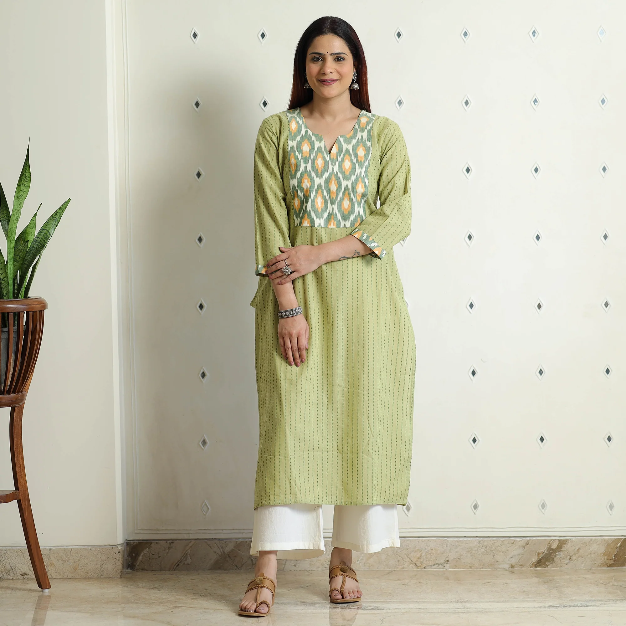 Light Pista Green - Jacquard Weave Cotton Straight Kurta with Ikat Patchwork - Image 2