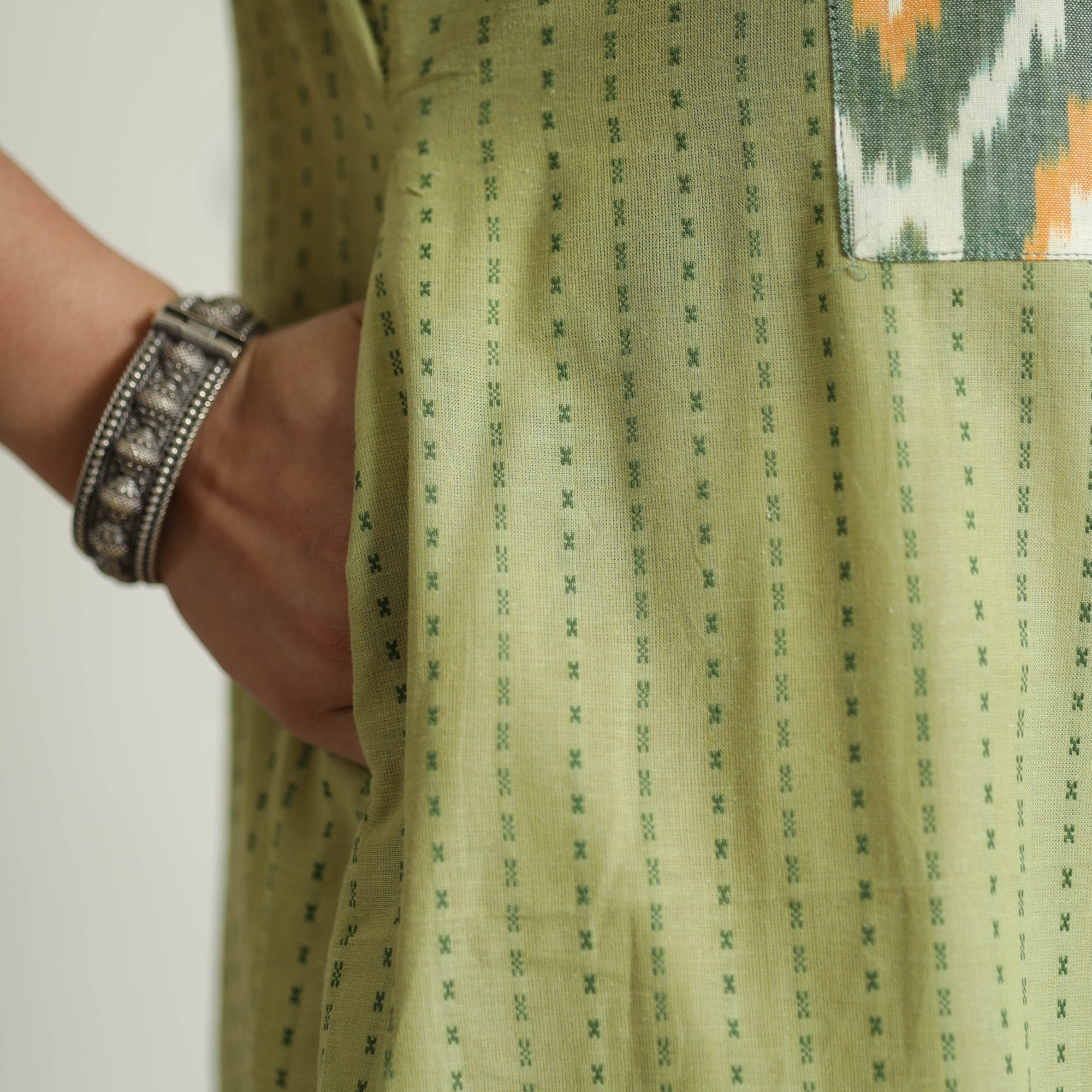 Light Pista Green - Jacquard Weave Cotton Straight Kurta with Ikat Patchwork - Image 8