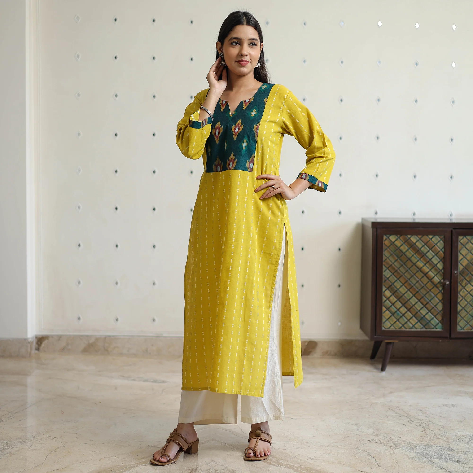 Yellow - Jacquard Weave Cotton Straight Kurta with Ikat Patchwork 15