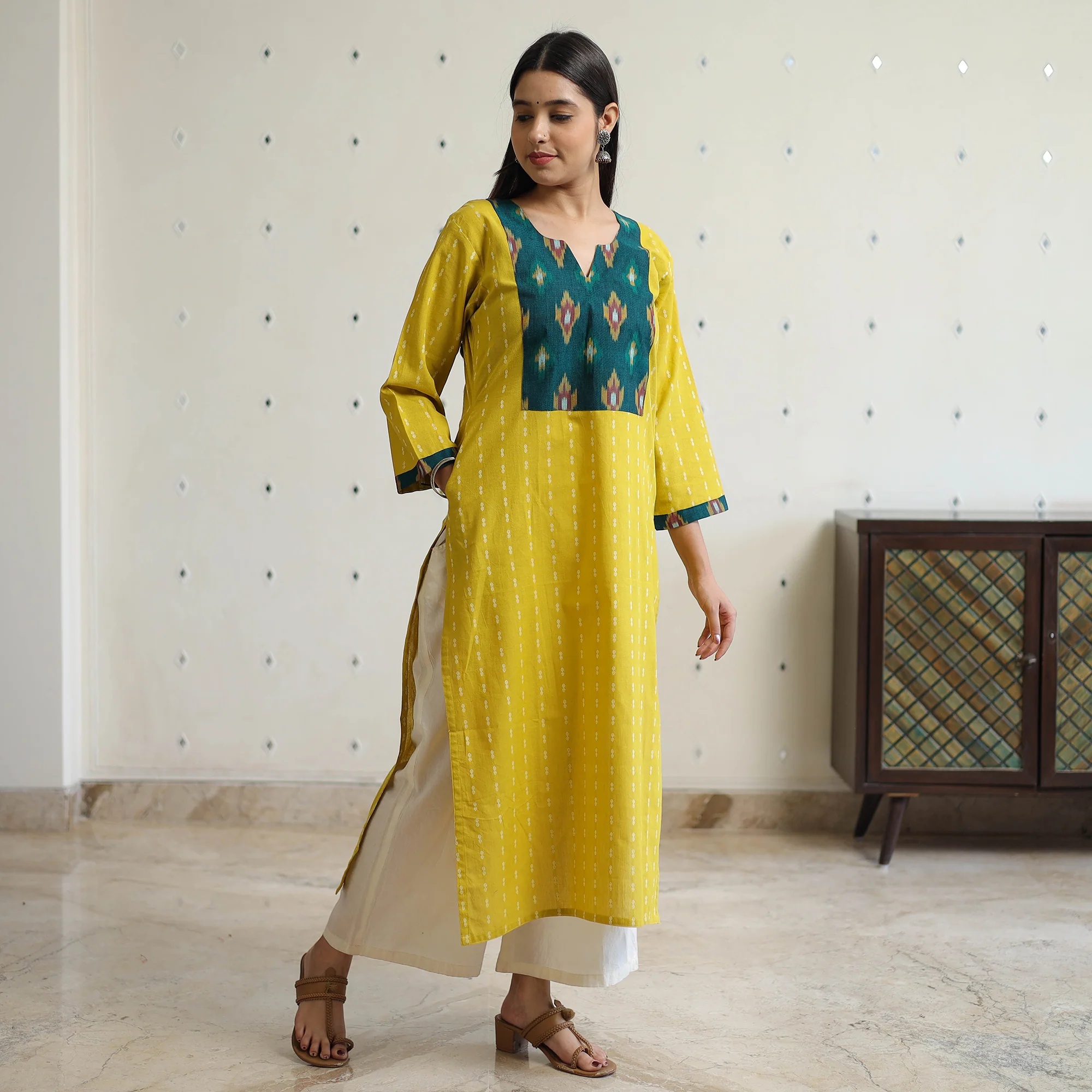 Yellow - Jacquard Weave Cotton Straight Kurta with Ikat Patchwork 15 - Image 2