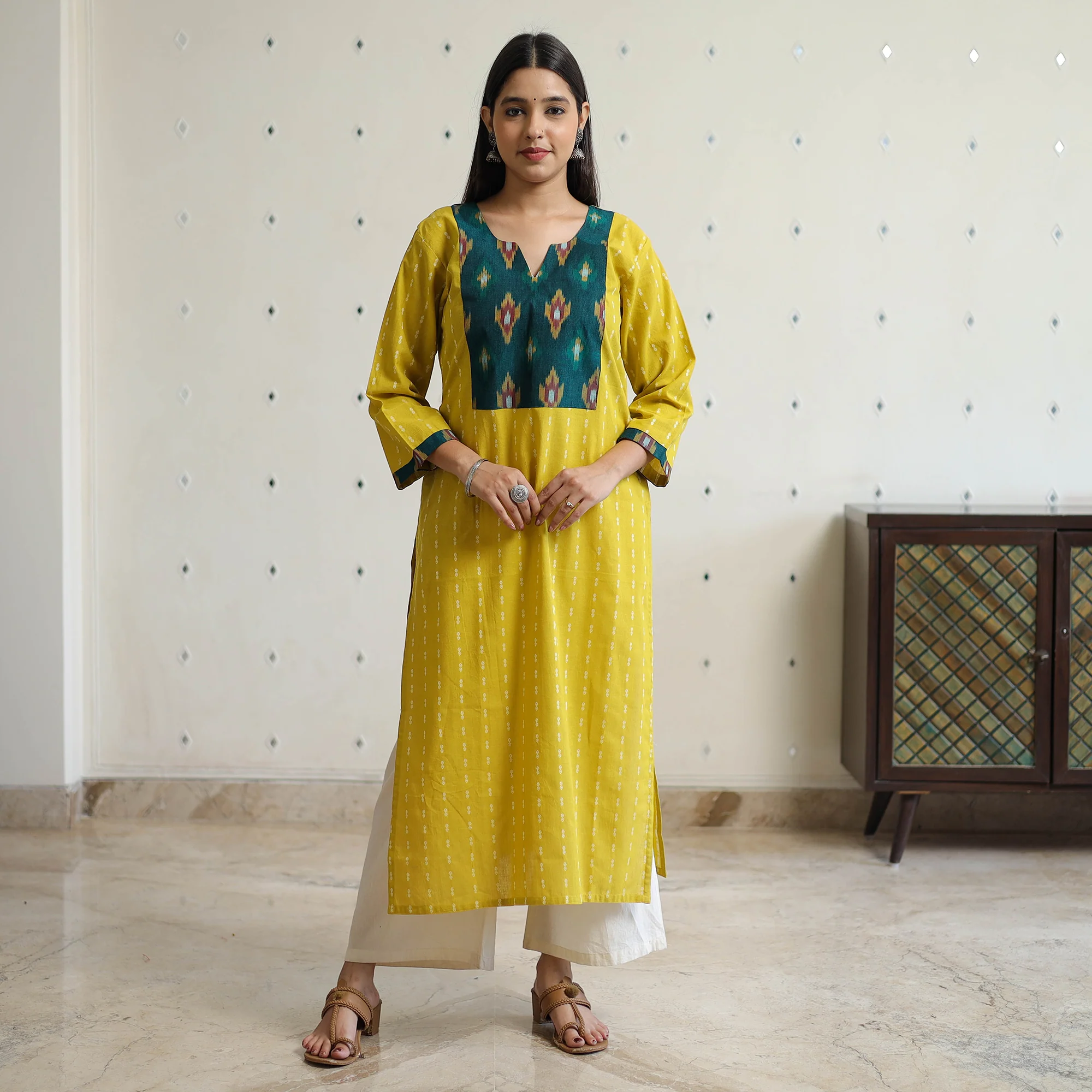 Yellow - Jacquard Weave Cotton Straight Kurta with Ikat Patchwork 15 - Image 3