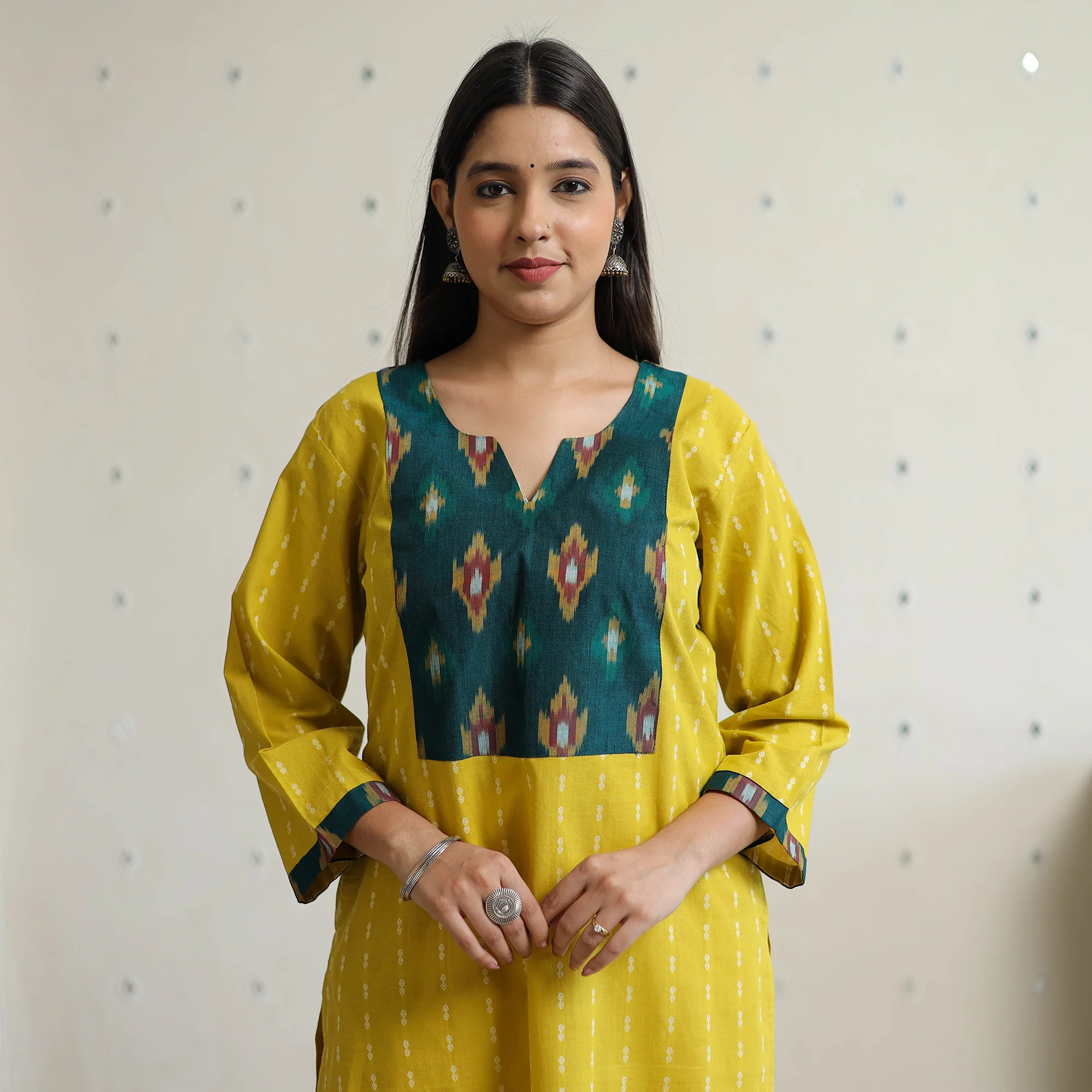 Yellow - Jacquard Weave Cotton Straight Kurta with Ikat Patchwork 15 - Image 4
