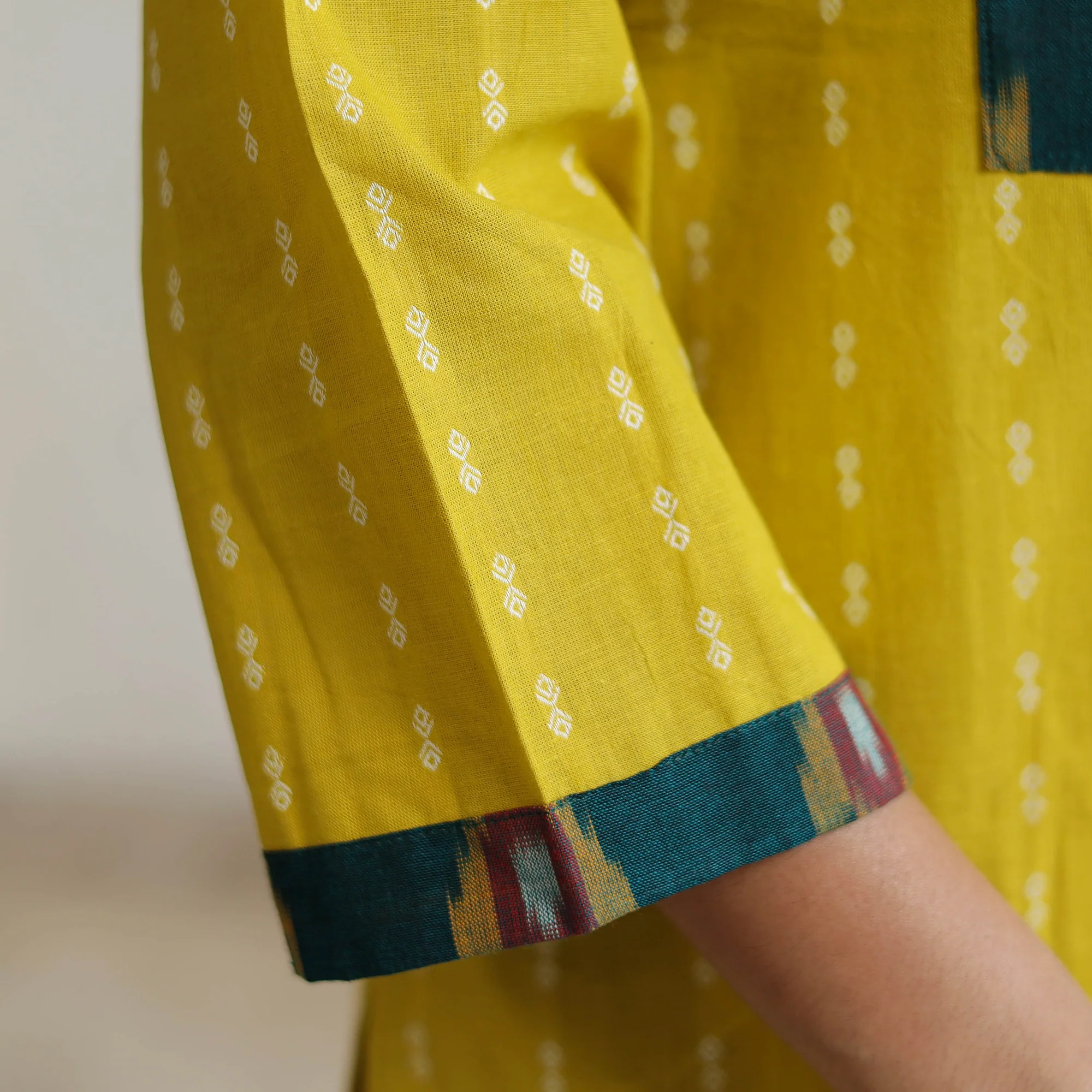 Yellow - Jacquard Weave Cotton Straight Kurta with Ikat Patchwork 15 - Image 6