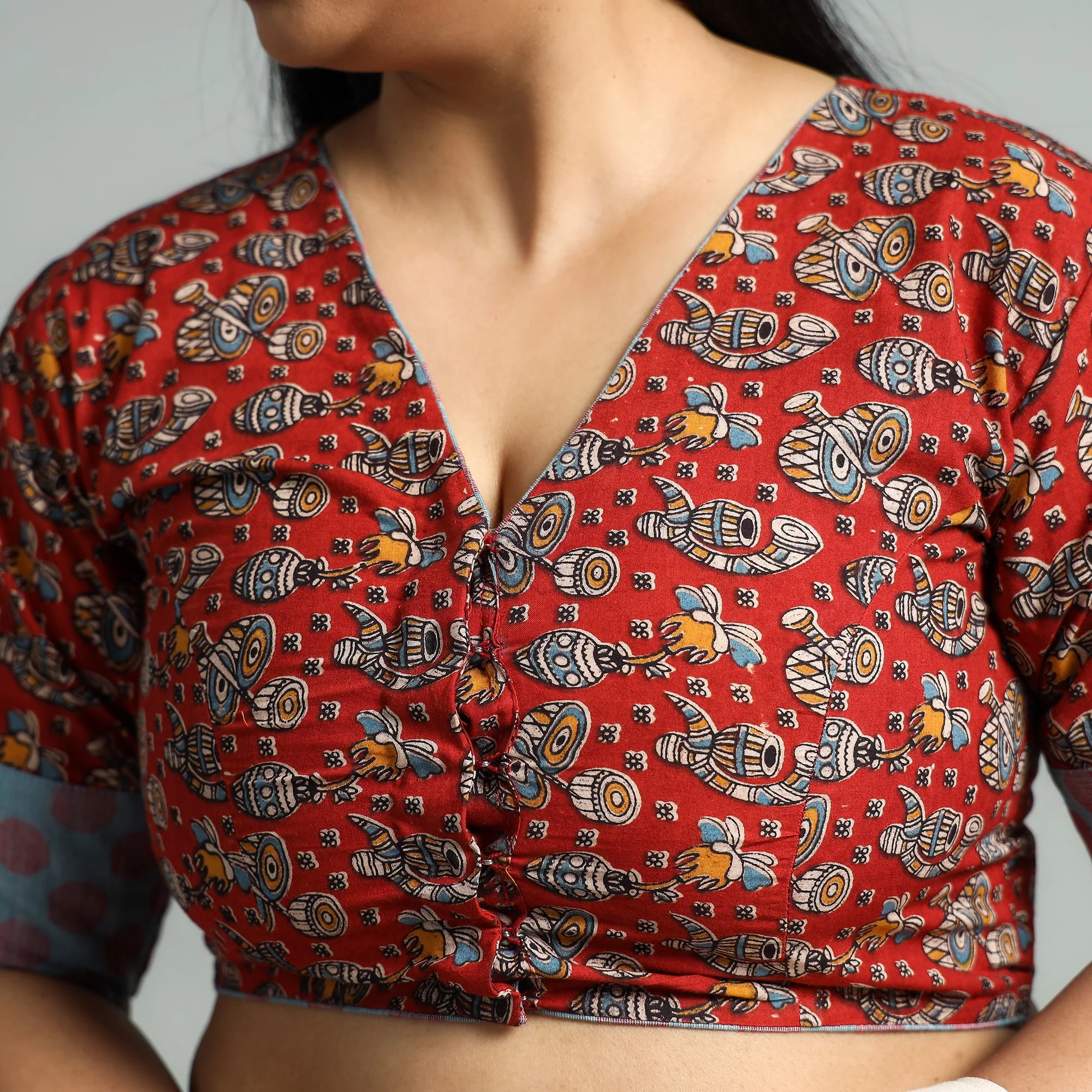 Red - Kalamkari Printed Cotton Stitched Blouse - Image 3