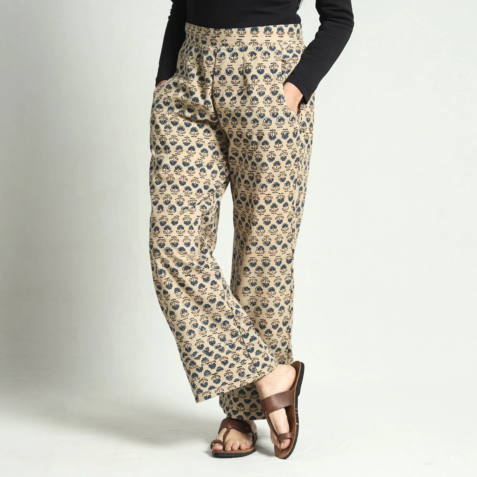 Beige - Ajrakh Block Printed Cotton Elasticated Palazzo - Image 2