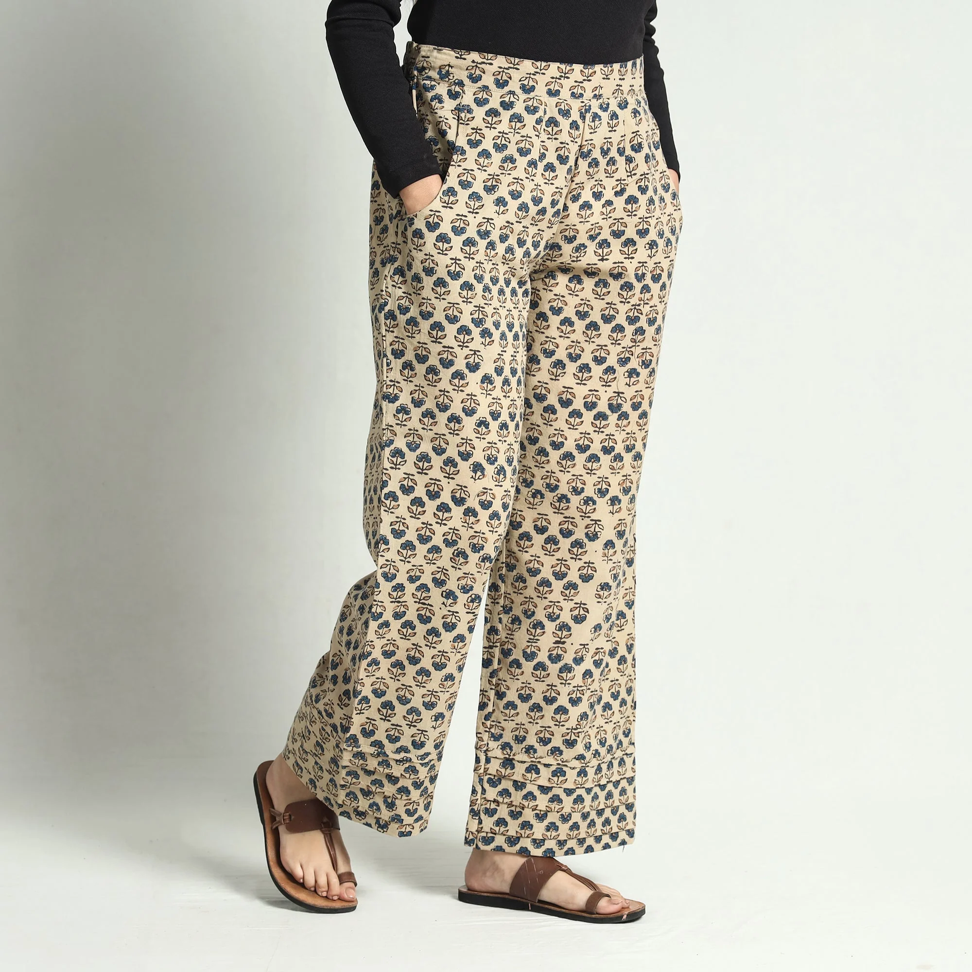 Beige - Ajrakh Block Printed Cotton Elasticated Palazzo - Image 3