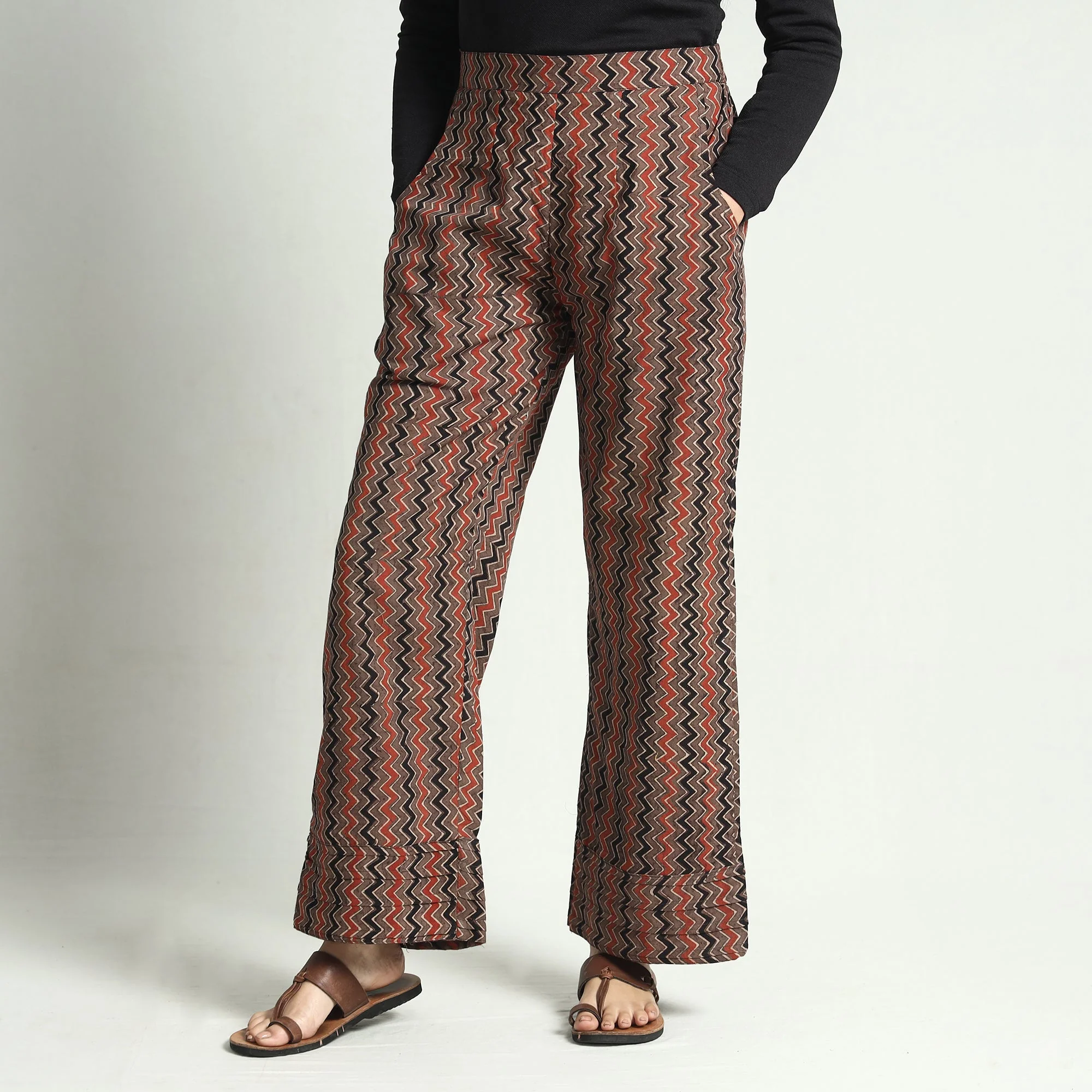 Brown - Ajrakh Block Printed Cotton Elasticated Palazzo