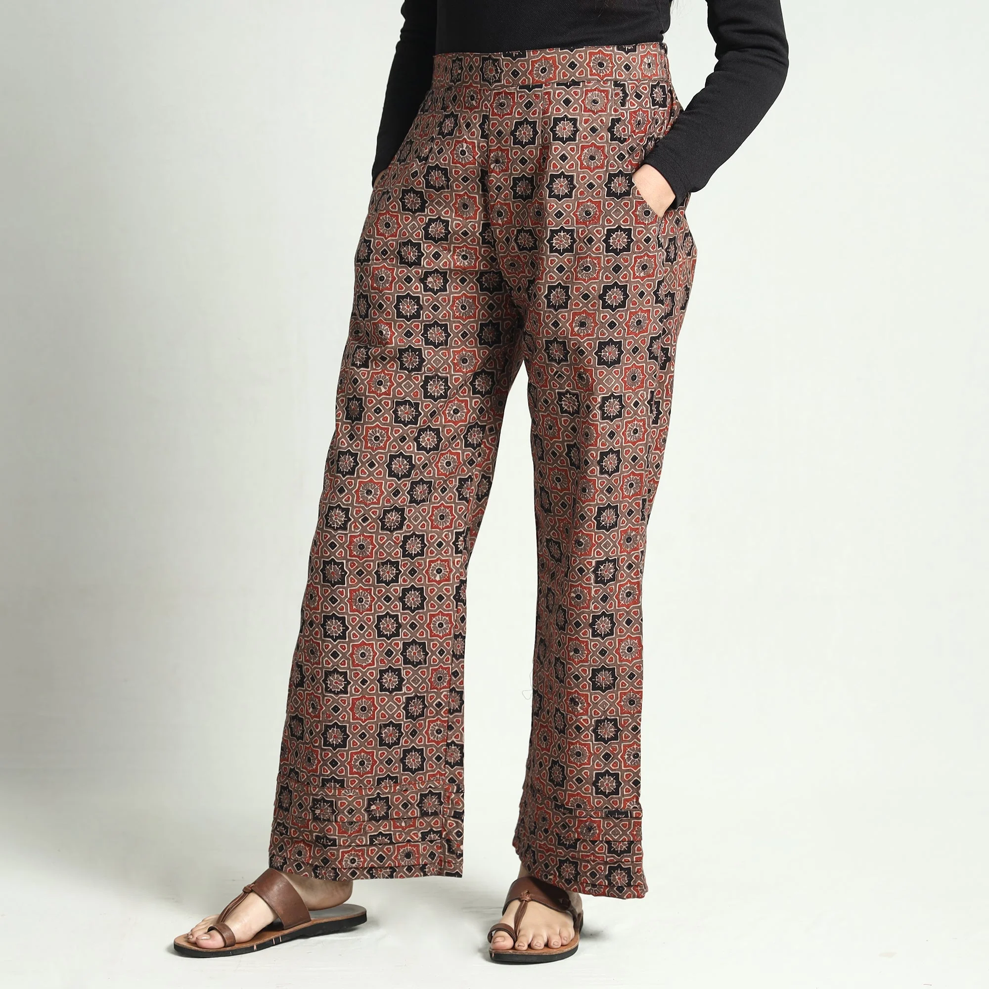 Brown - Ajrakh Block Printed Cotton Elasticated Palazzo