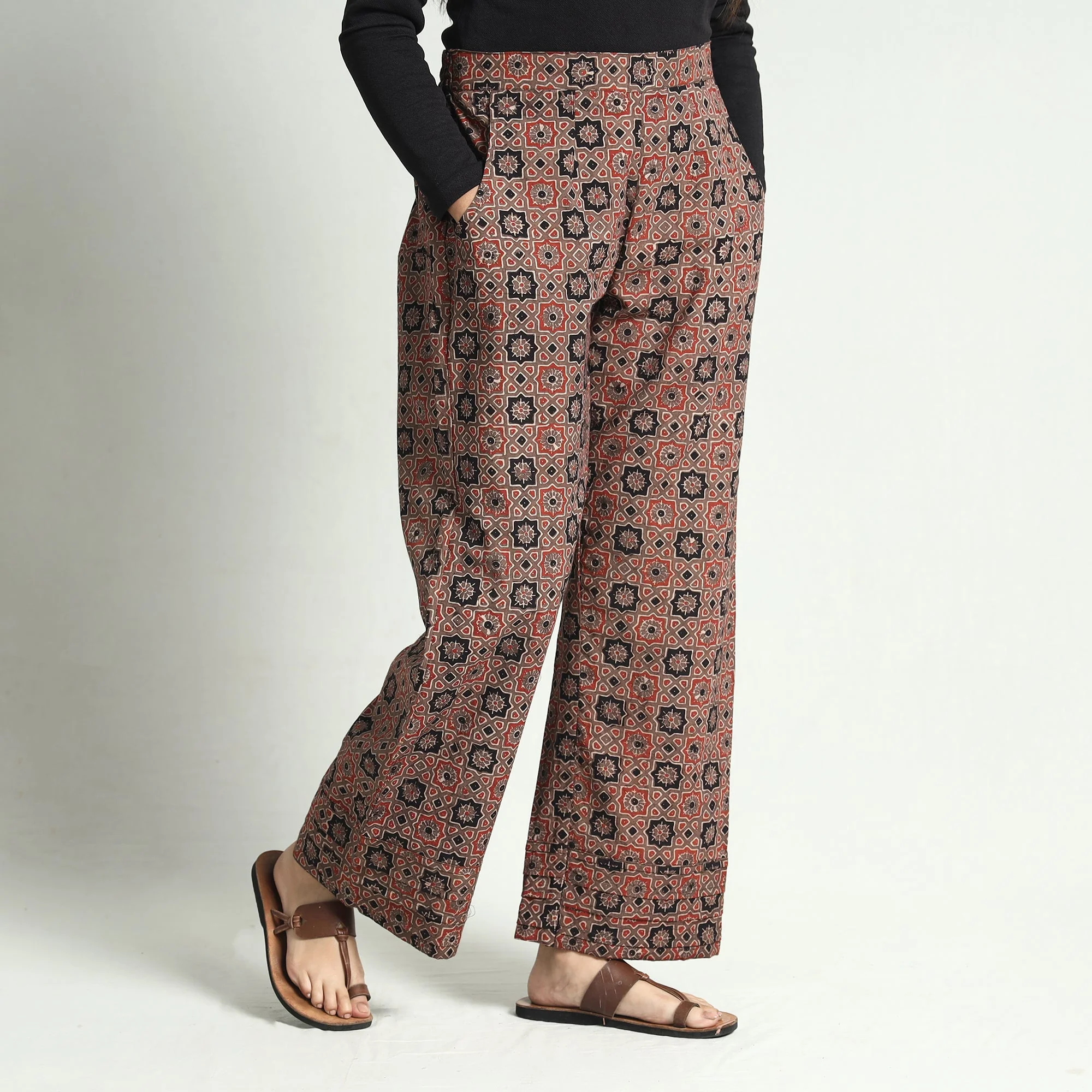 Brown - Ajrakh Block Printed Cotton Elasticated Palazzo - Image 3