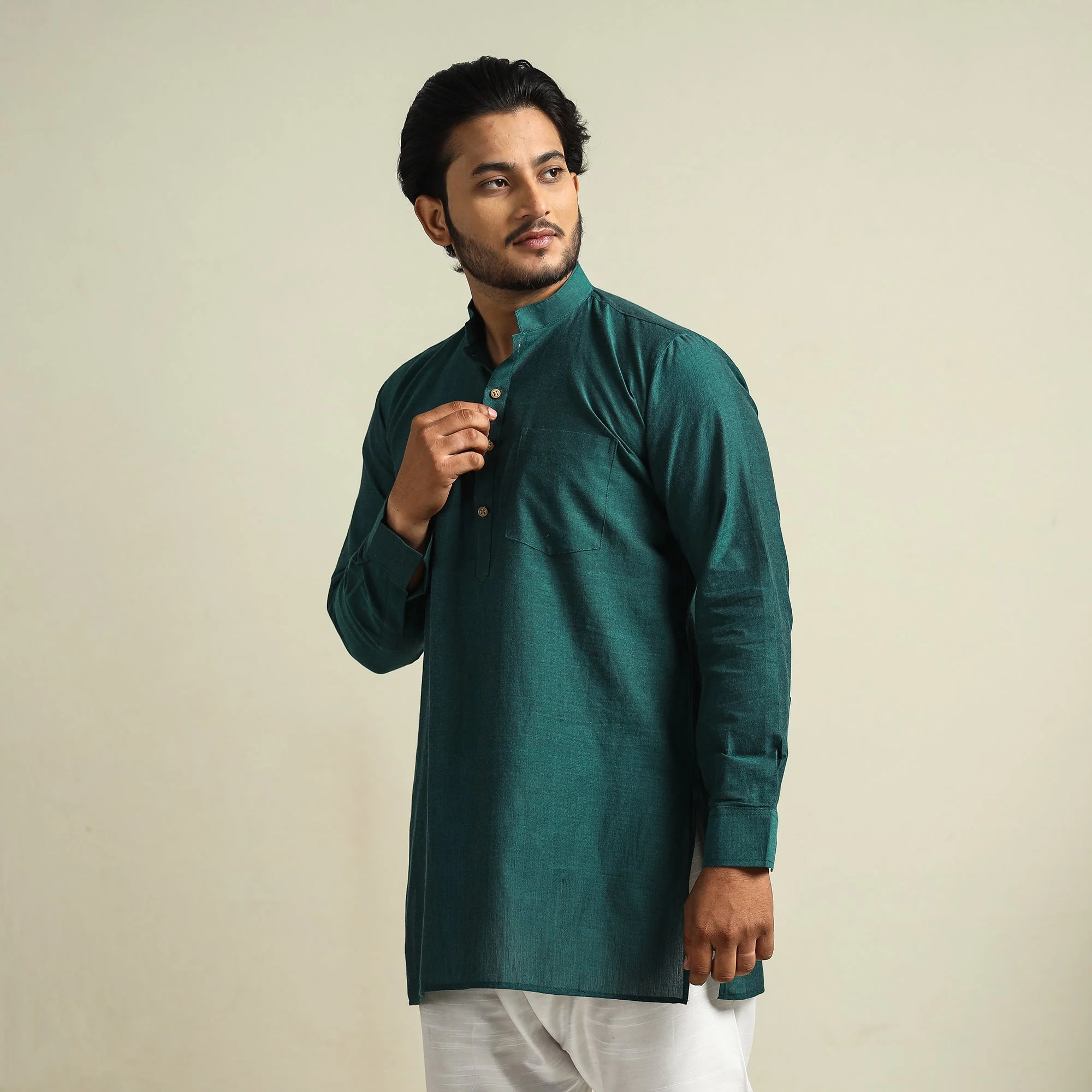 Plain Handloom Cotton Men Short Kurta - Image 3
