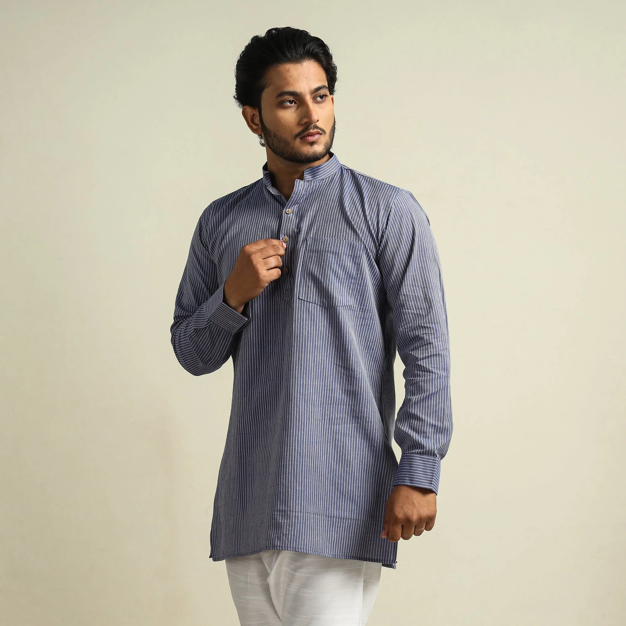 Plain Handloom Cotton Men Short Kurta - Image 2