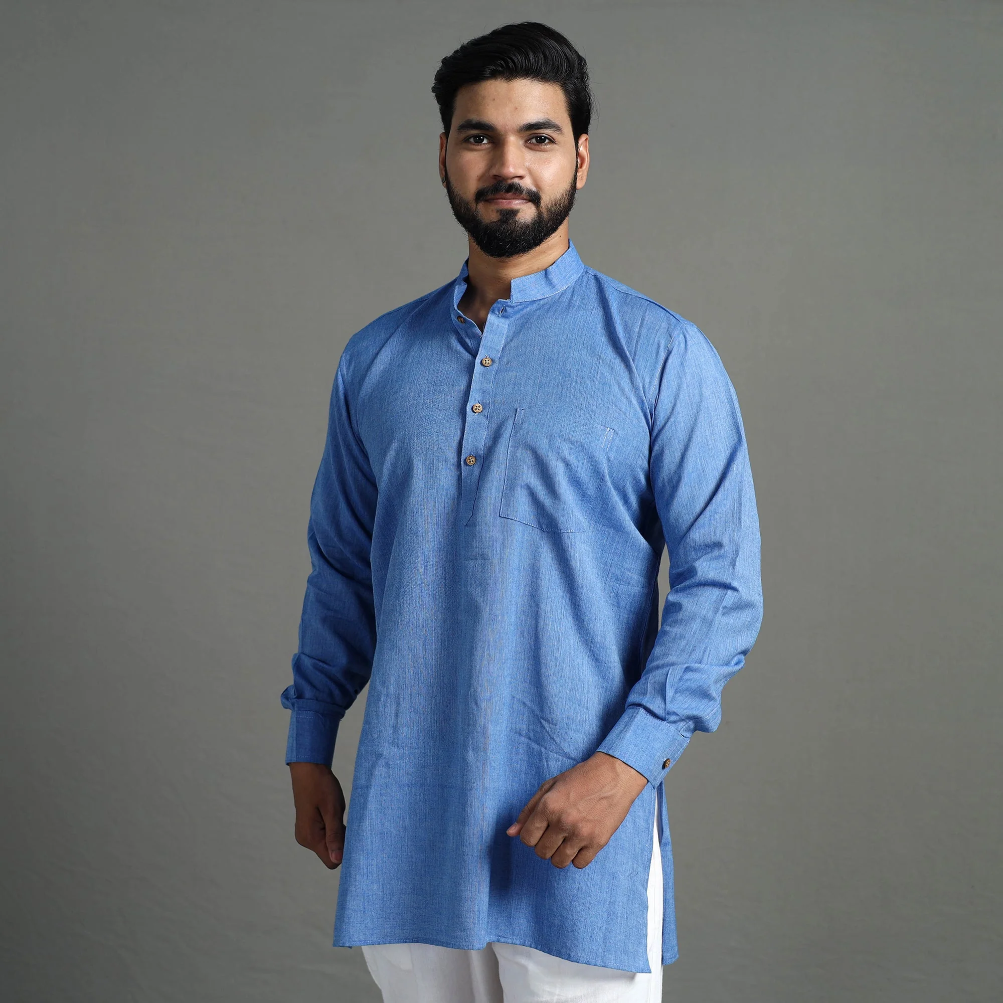 Plain Handloom Cotton Men Short Kurta - Image 3