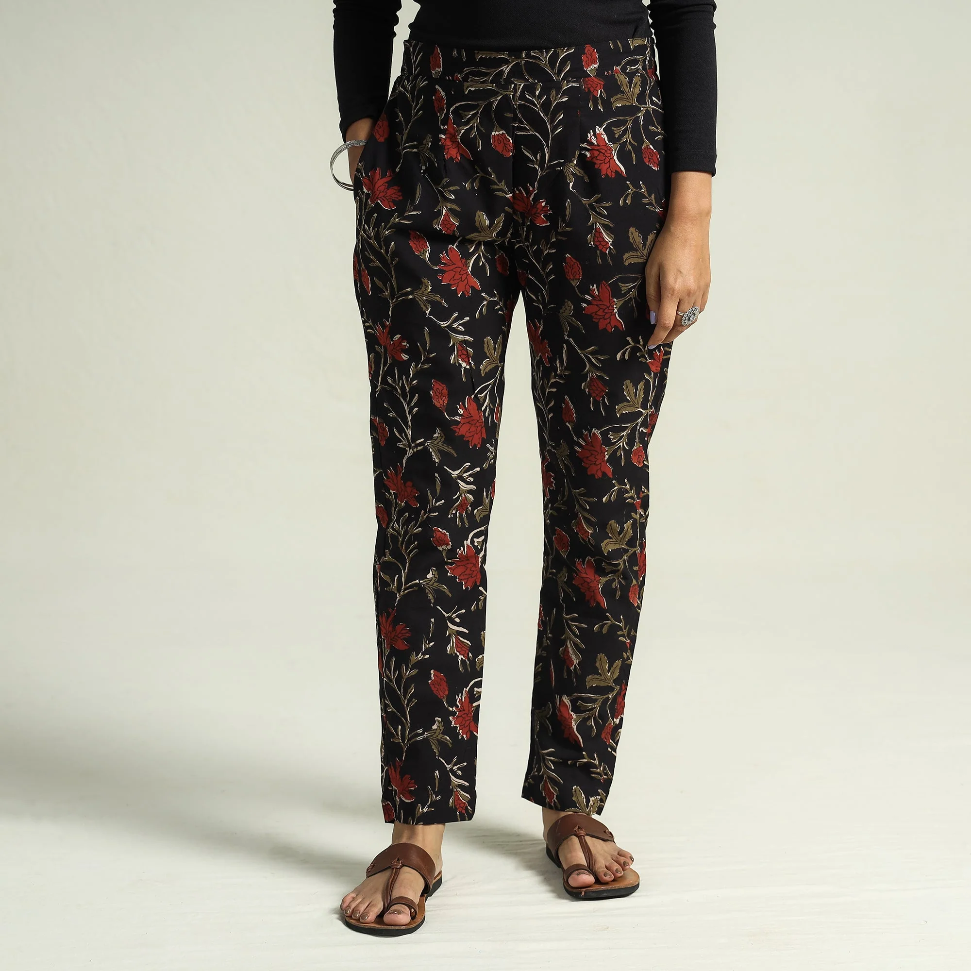 Black - Bagru Block Printed Cotton Tapered Pant