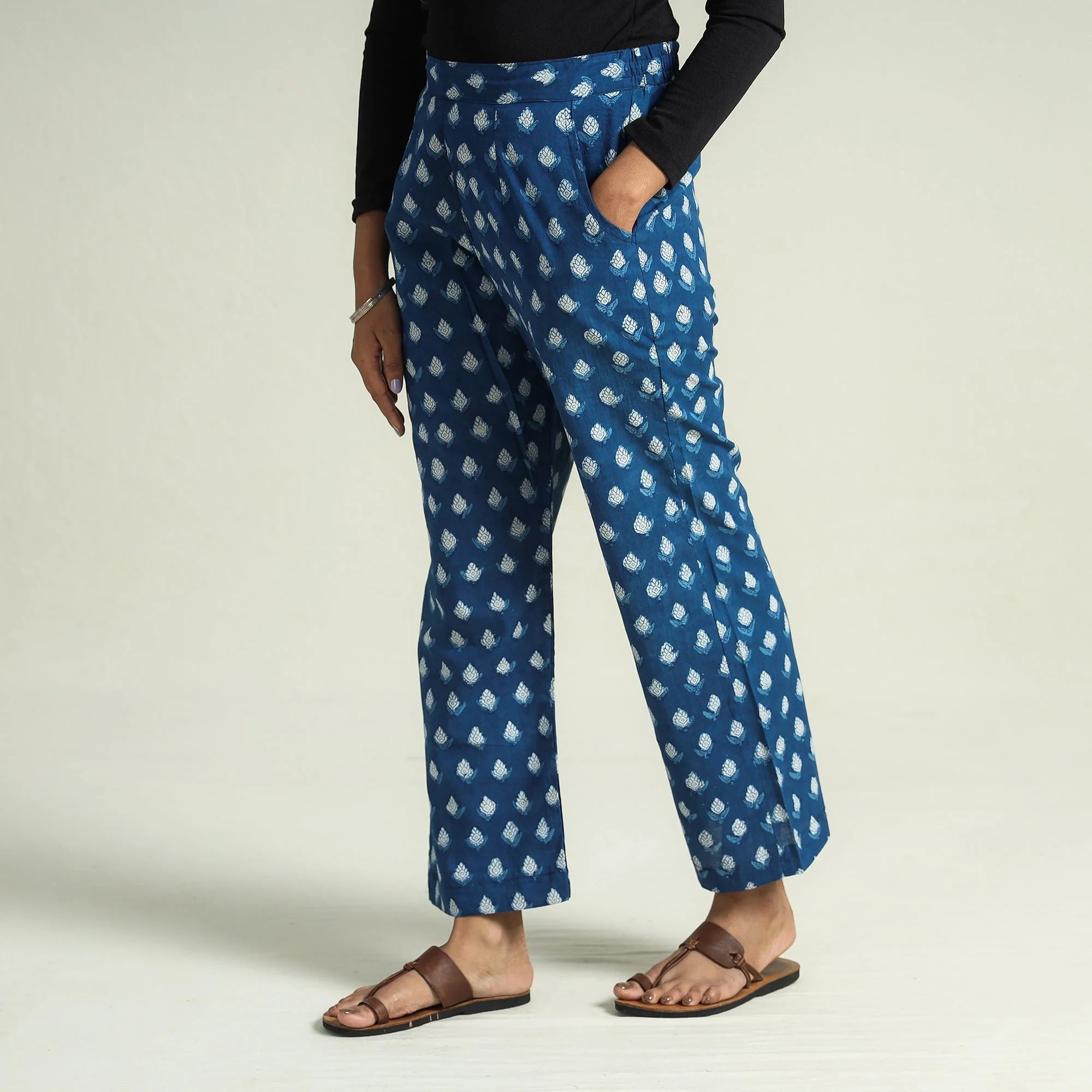 Blue - Bagru Block Printed Cotton Elasticated Palazzo - Image 3