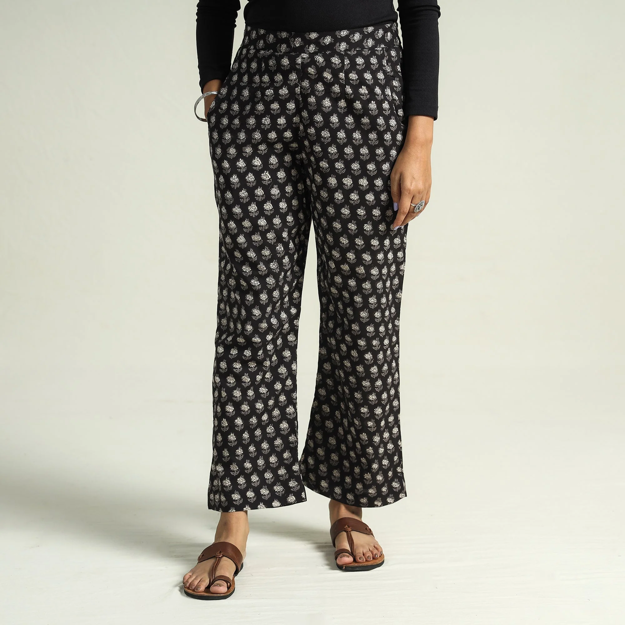 Black - Bagru Block Printed Cotton Elasticated Palazzo