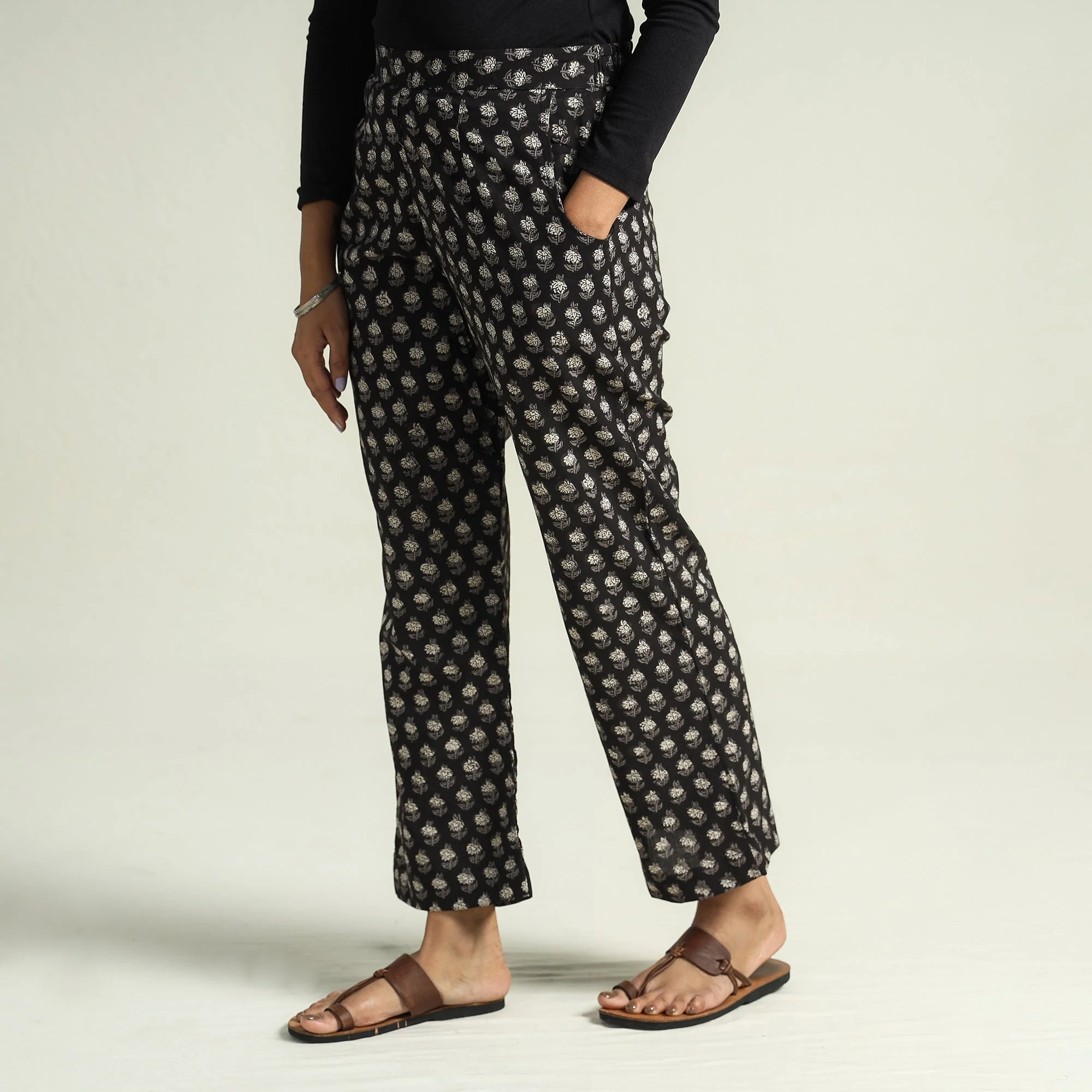 Black - Bagru Block Printed Cotton Elasticated Palazzo - Image 3