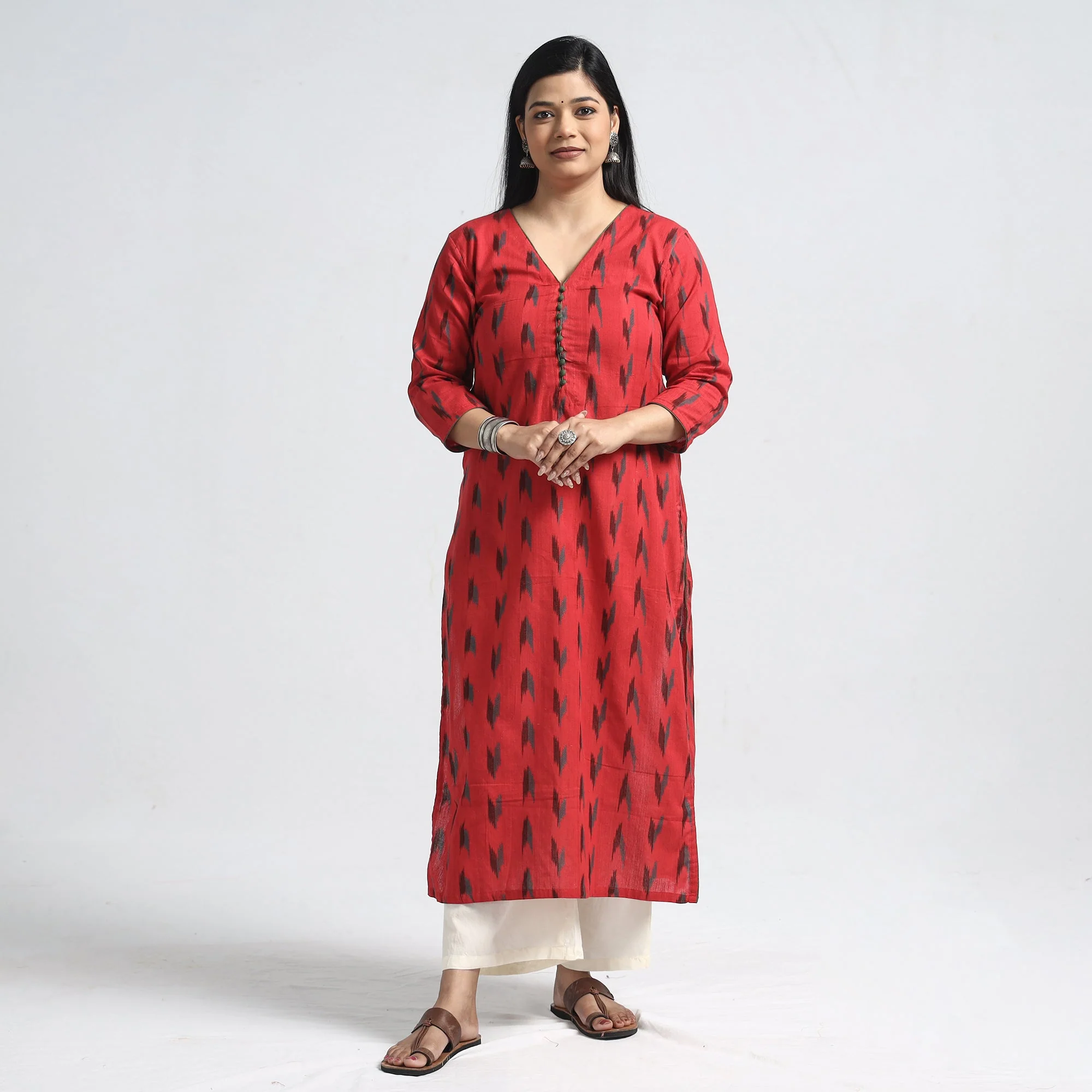 Red - Pochampally Ikat Weave Cotton Straight Kurta - Image 2
