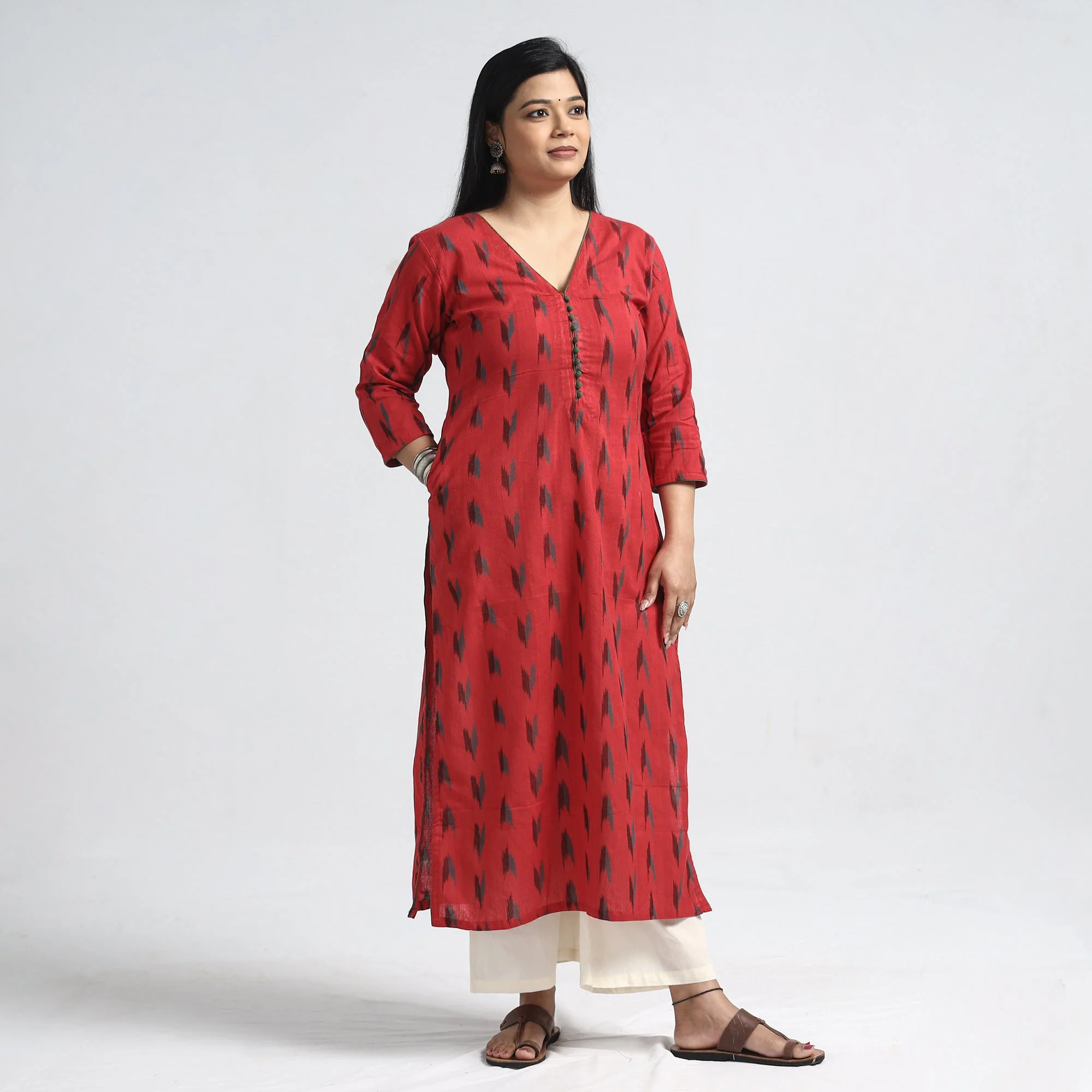 Red - Pochampally Ikat Weave Cotton Straight Kurta - Image 3
