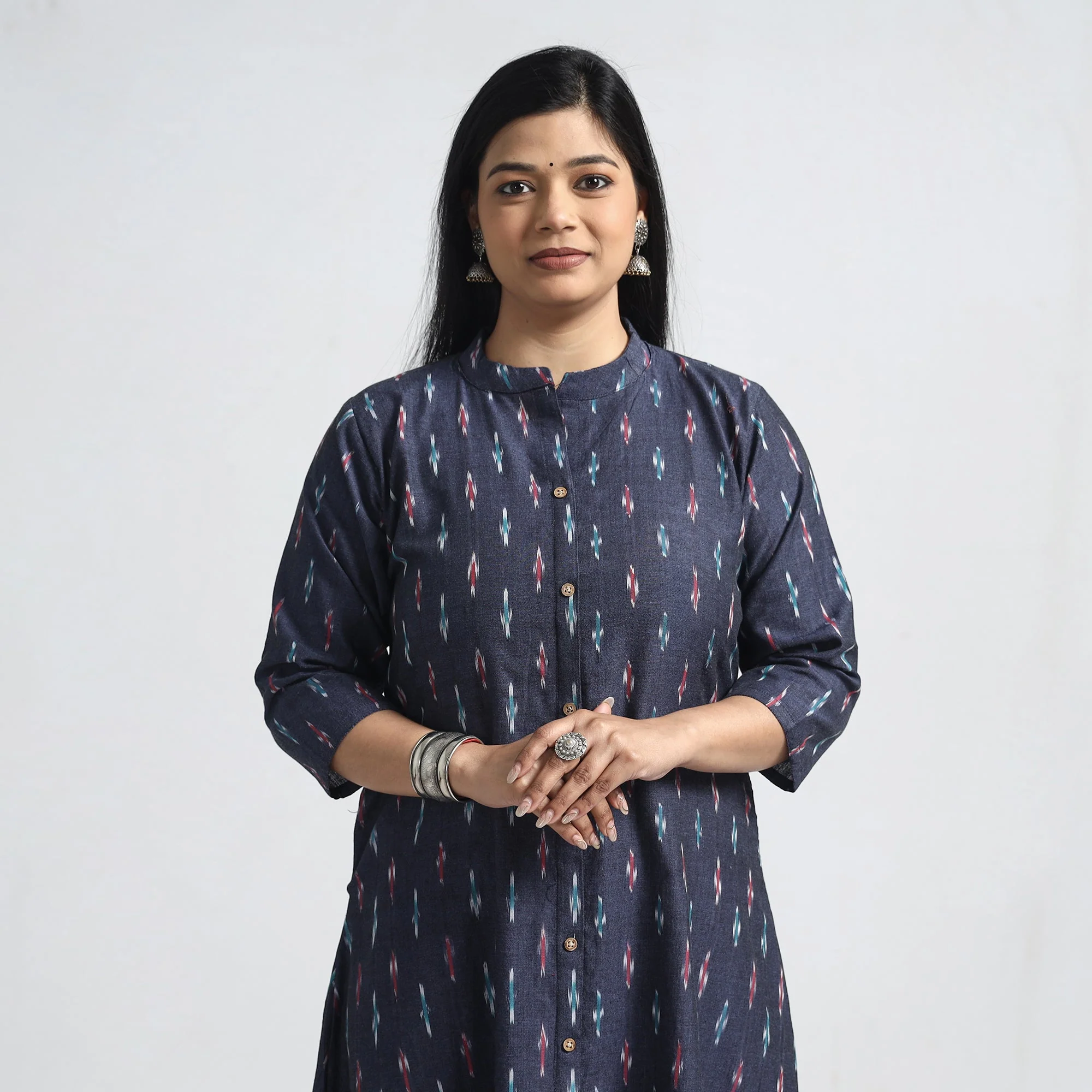 Blue - Dark Purple - Pochampally Ikat Weave Cotton A-Line Kurta