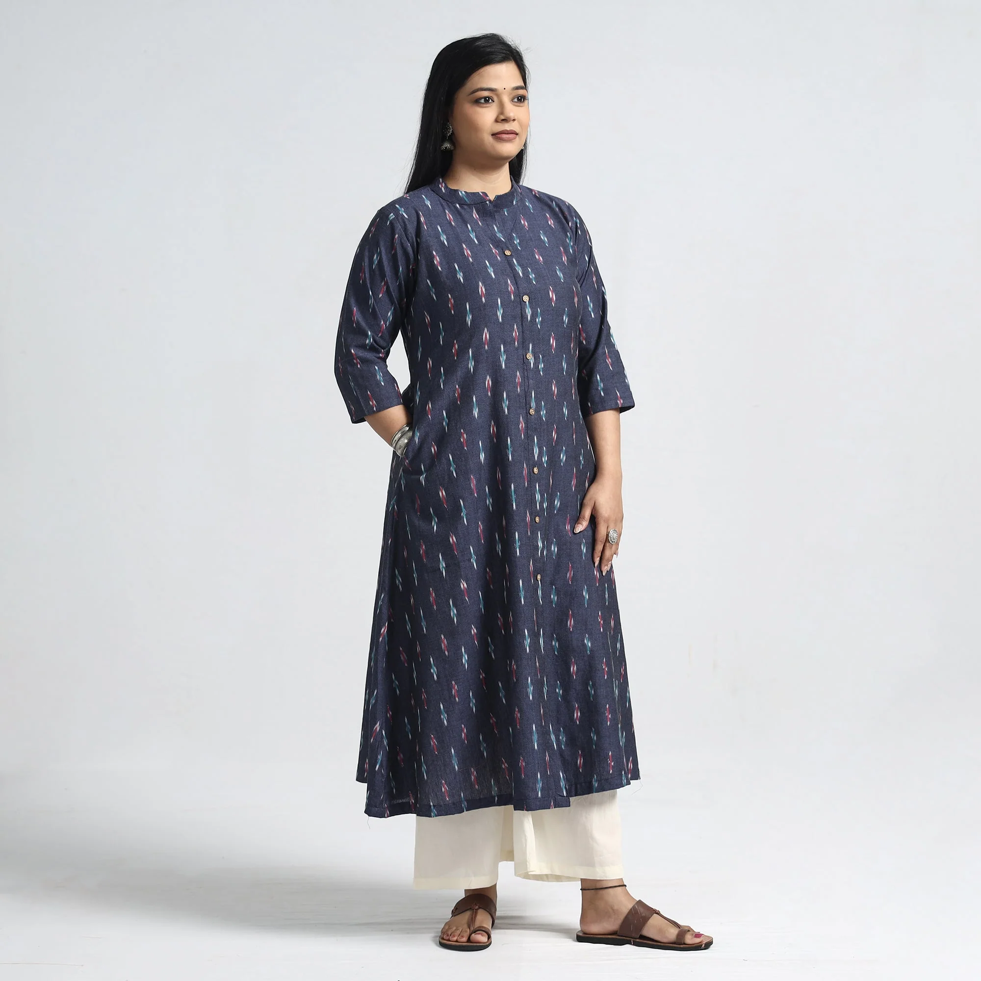 Blue - Dark Purple - Pochampally Ikat Weave Cotton A-Line Kurta - Image 3