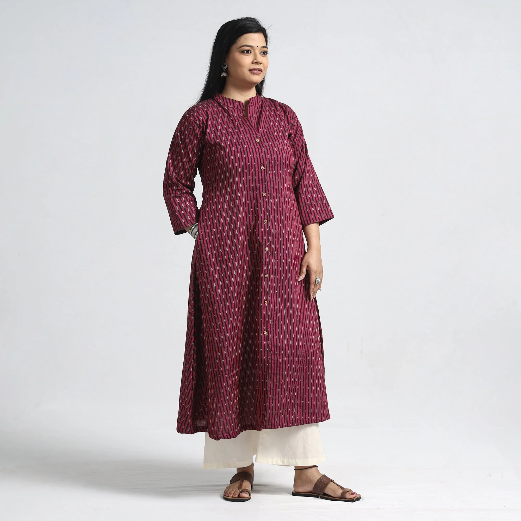 Purple - Pochampally Ikat Weave Cotton A-Line Kurta 19 - Image 3