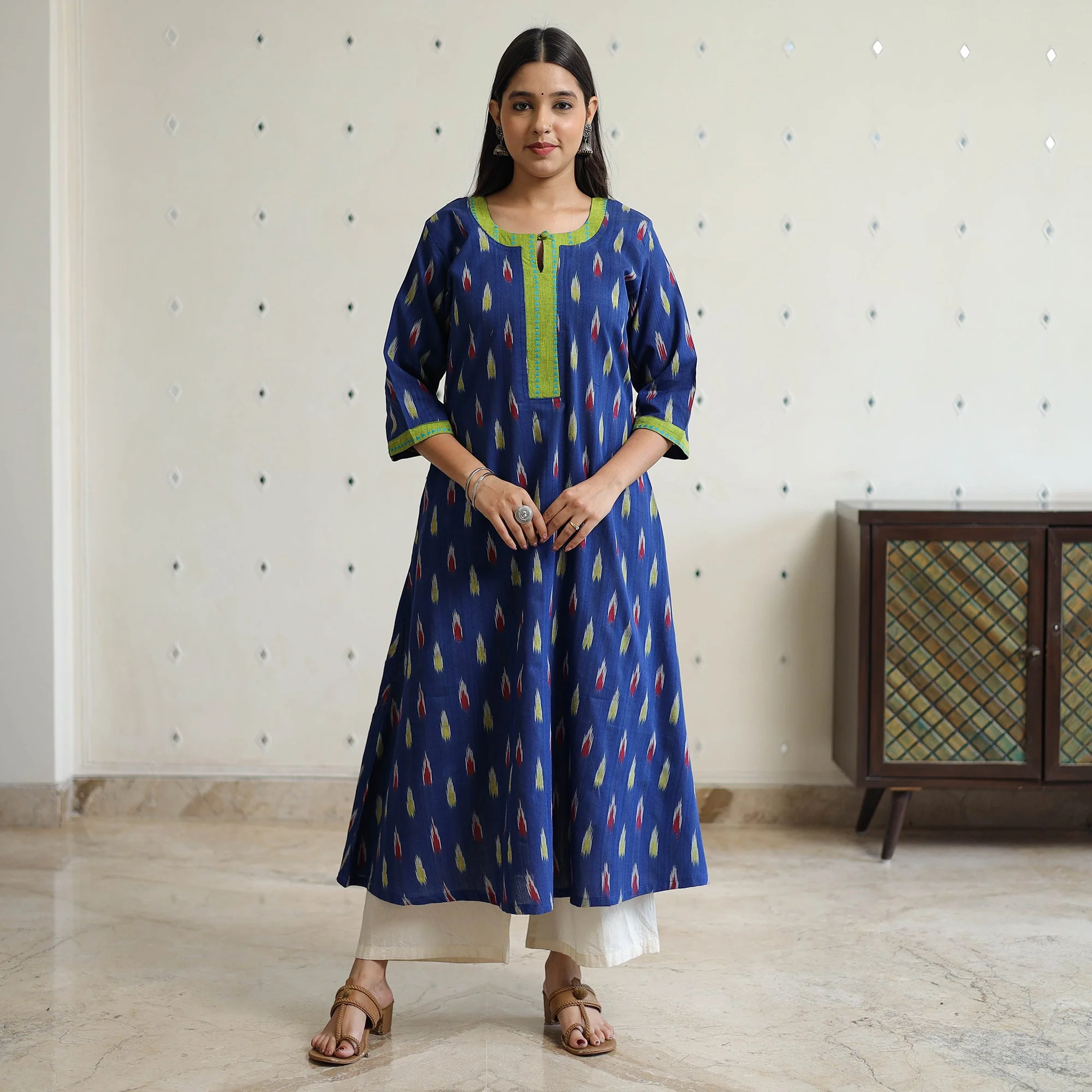 Blue - Pochampally Ikat Weave Cotton A-Line Kurta with Jacquard Patchwork 27 - Image 3