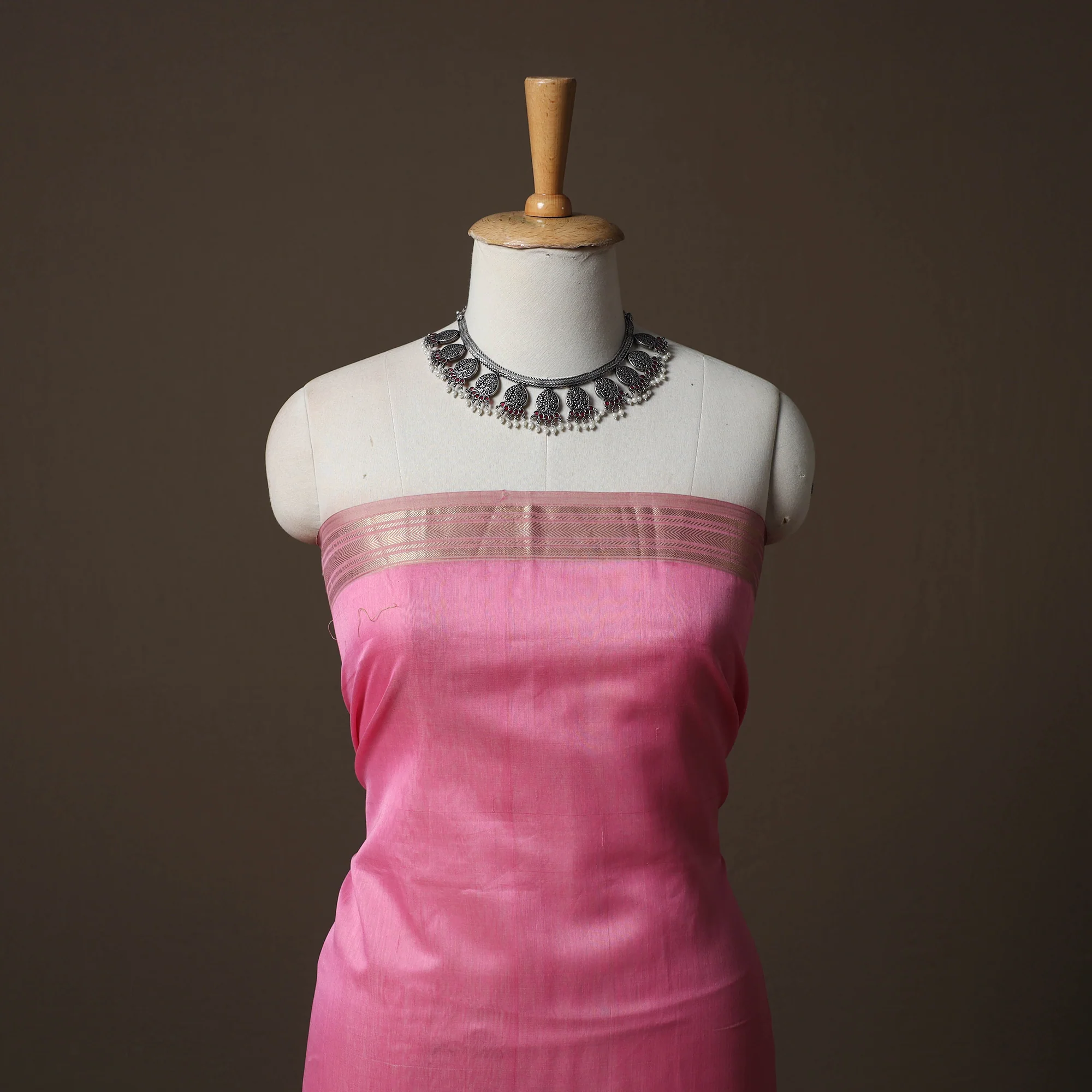 Pink - 2pc Maheshwari Silk Handloom Unstitched Suit Material Set with Zari Border - Image 2
